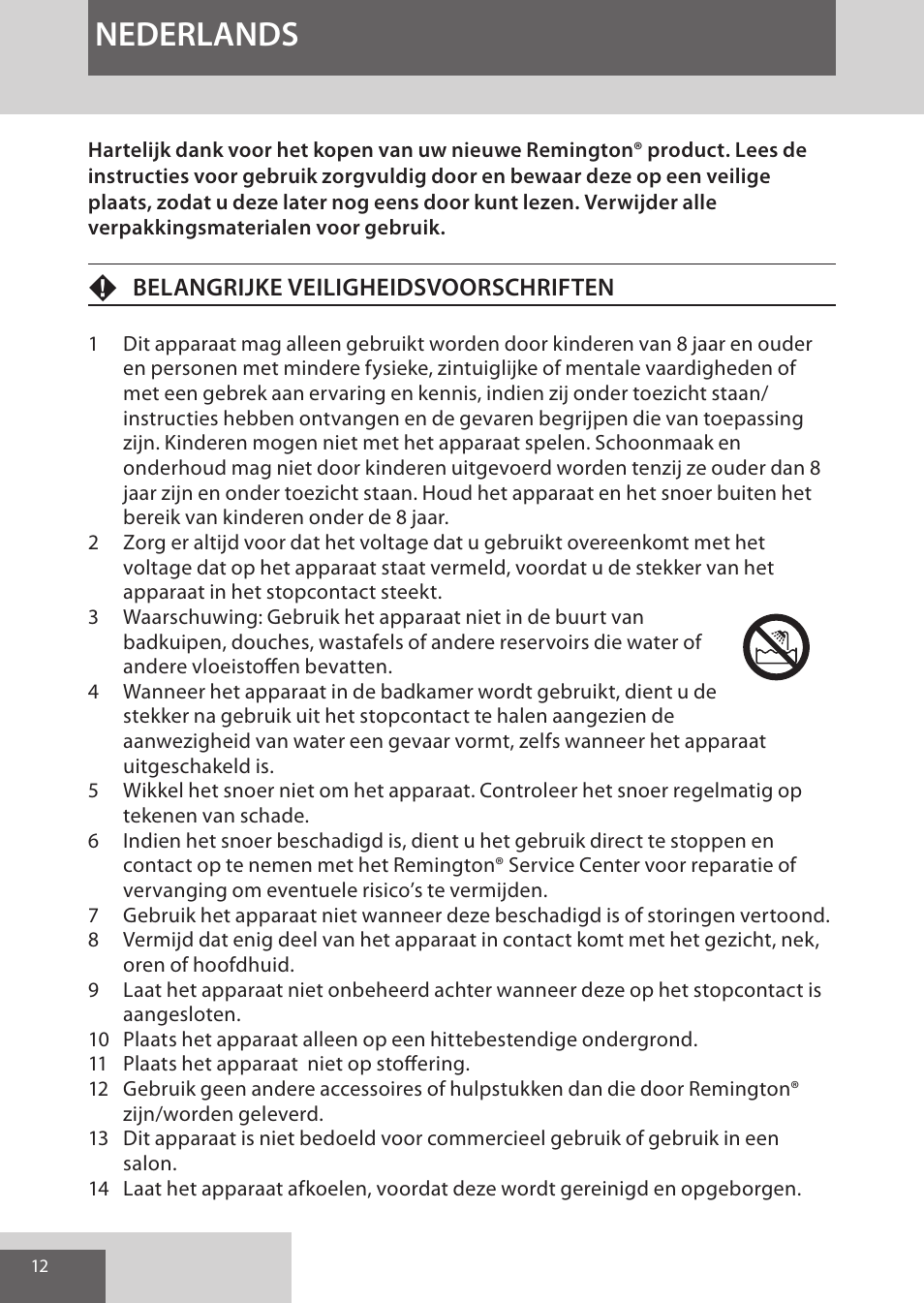 Nederlands, Fbelangrijke veiligheidsvoorschriften | Remington CI96S1 User Manual | Page 12 / 108