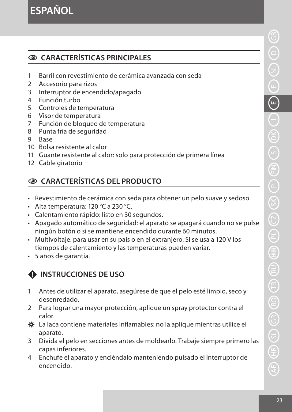 Español | Remington CI96S1 User Manual | Page 23 / 108