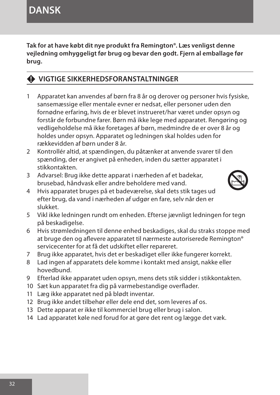 Dansk | Remington CI96S1 User Manual | Page 32 / 108