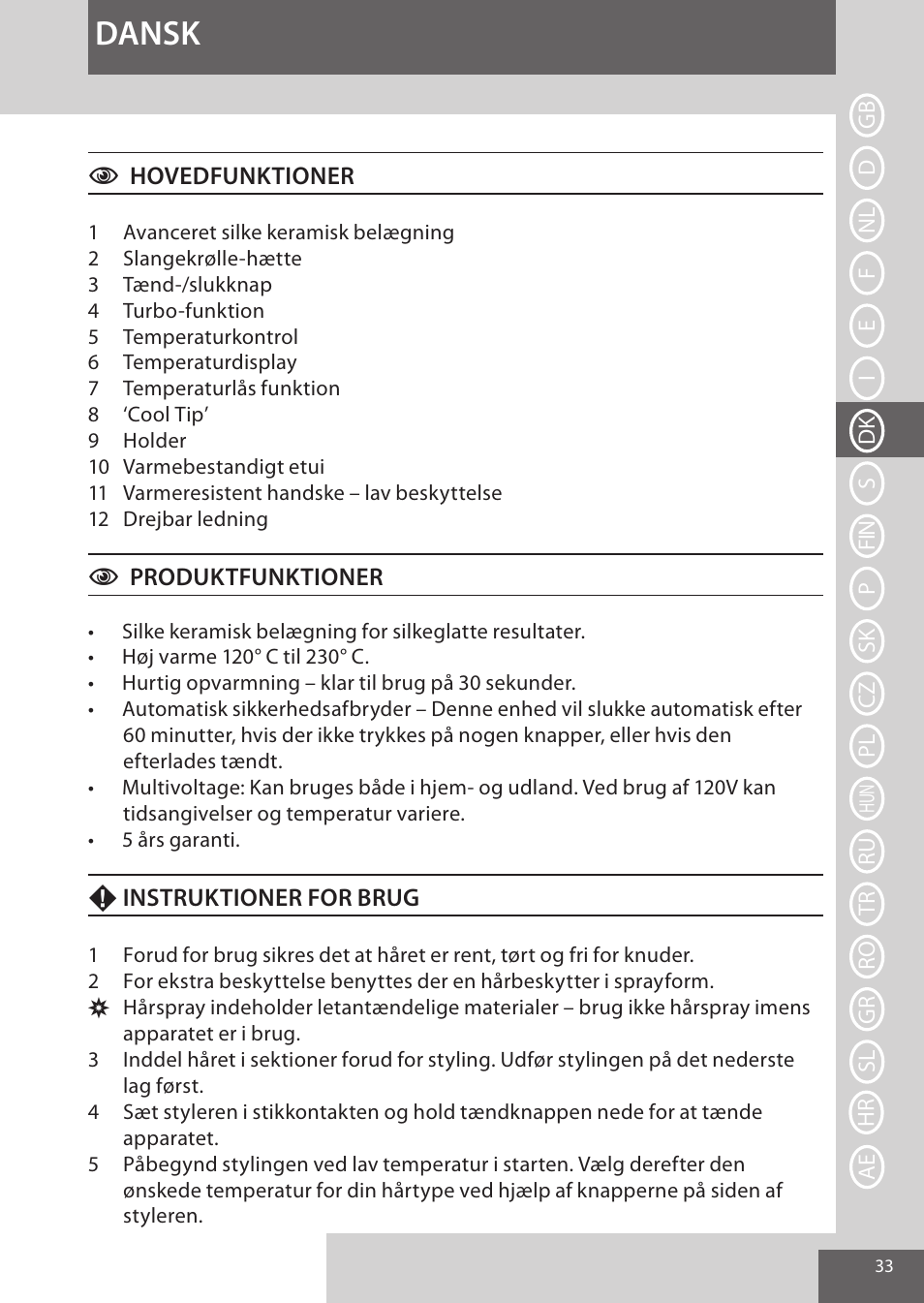 Dansk | Remington CI96S1 User Manual | Page 33 / 108