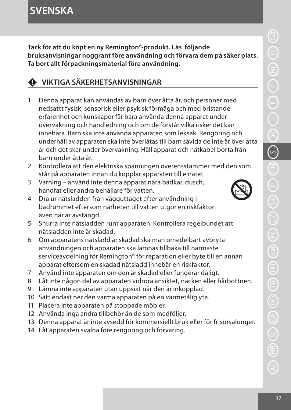 Svenska | Remington CI96S1 User Manual | Page 37 / 108