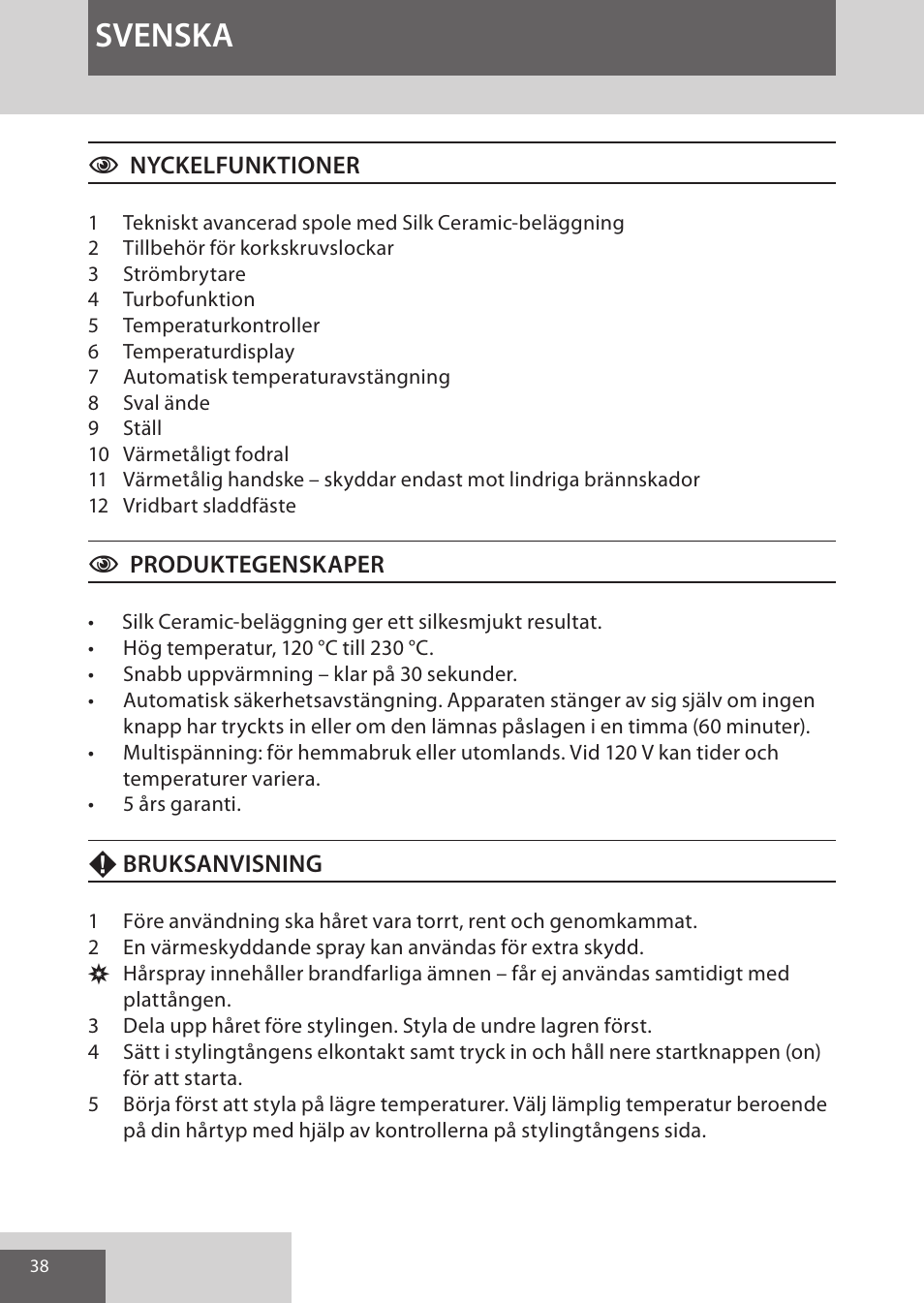 Svenska | Remington CI96S1 User Manual | Page 38 / 108