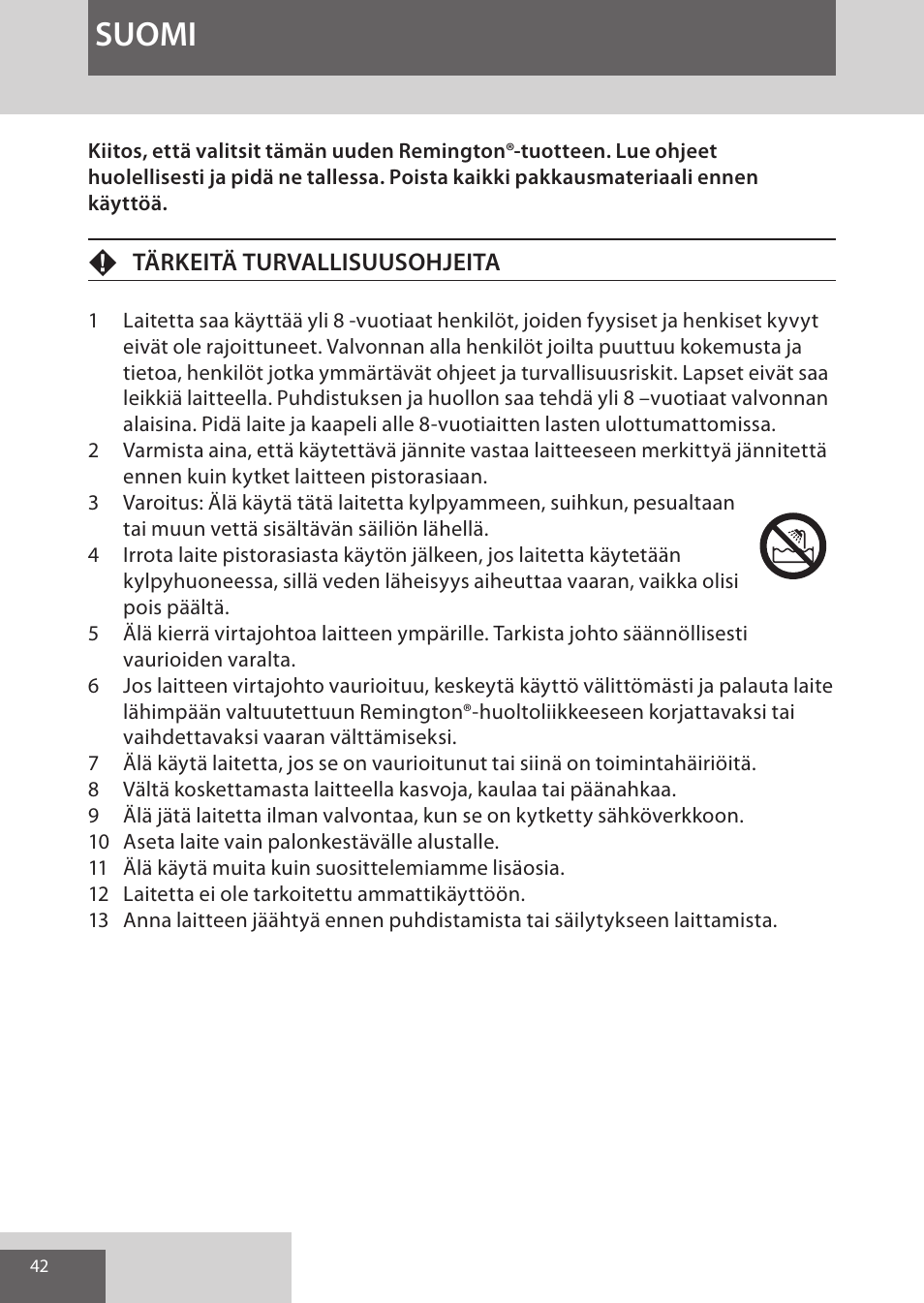Suomi | Remington CI96S1 User Manual | Page 42 / 108