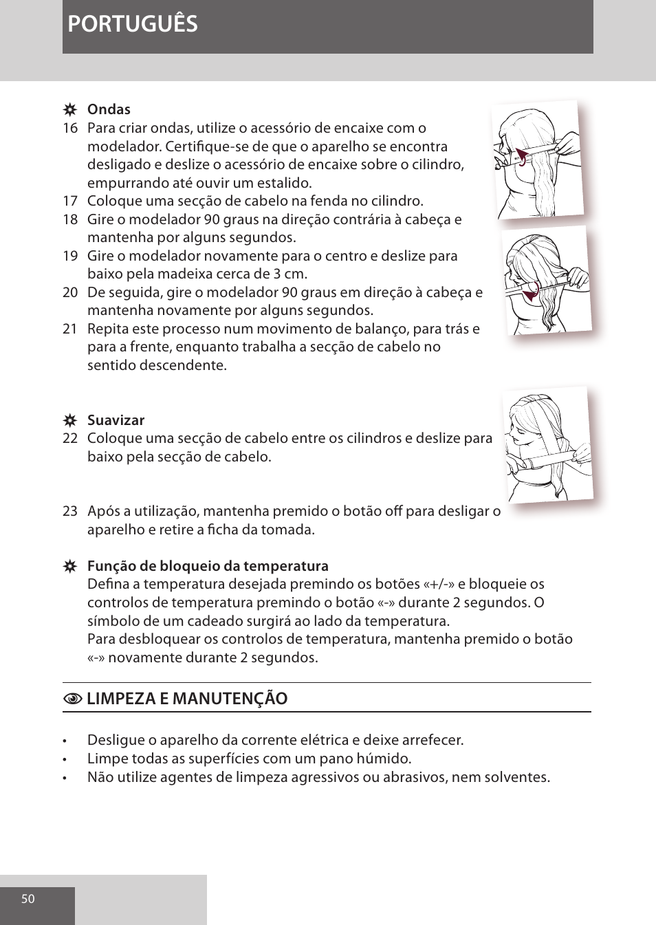 Português, Limpeza e manutenção | Remington CI96S1 User Manual | Page 50 / 108