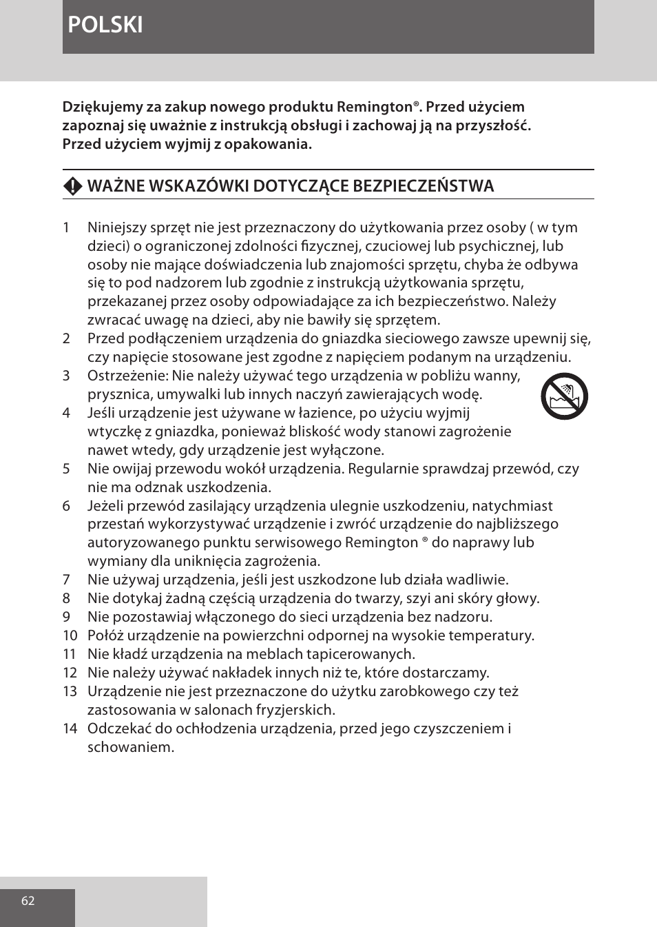 Polski | Remington CI96S1 User Manual | Page 62 / 108