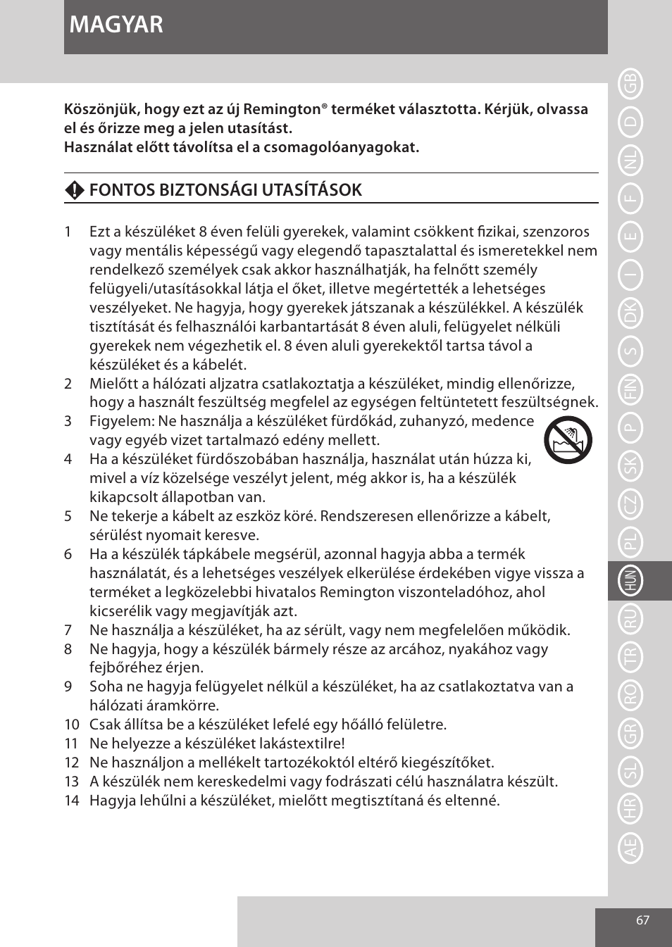 Magyar | Remington CI96S1 User Manual | Page 67 / 108
