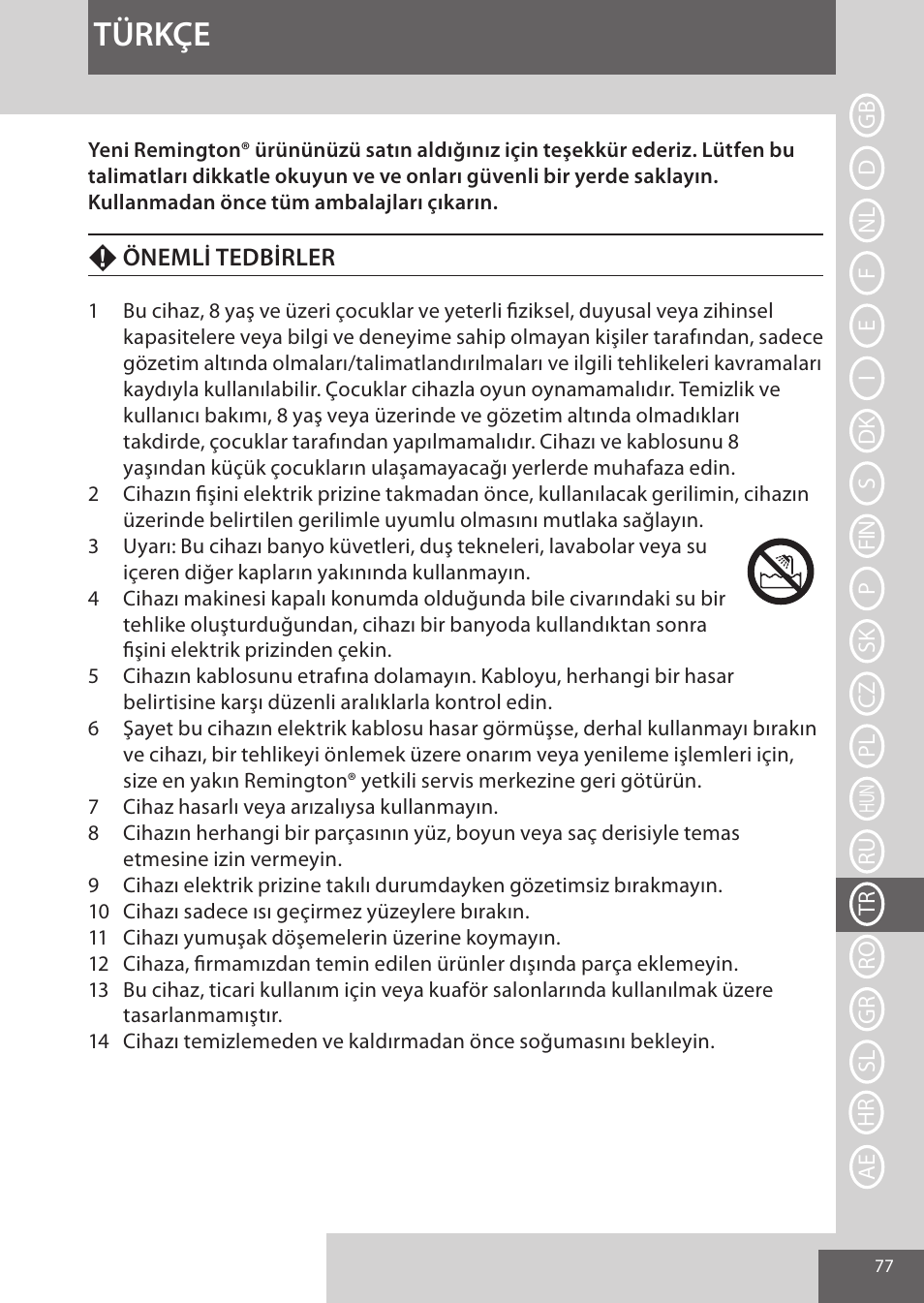 Türkçe | Remington CI96S1 User Manual | Page 77 / 108