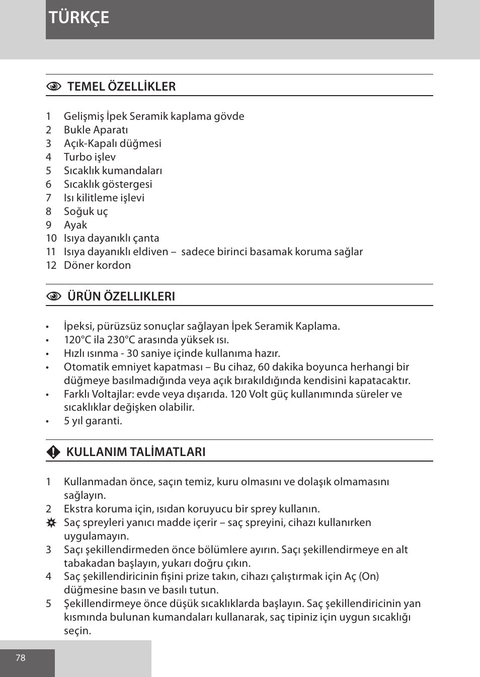 Türkçe | Remington CI96S1 User Manual | Page 78 / 108