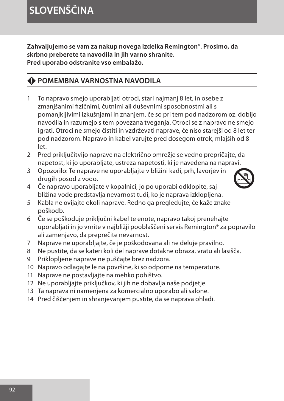 Slovenščina | Remington CI96S1 User Manual | Page 92 / 108