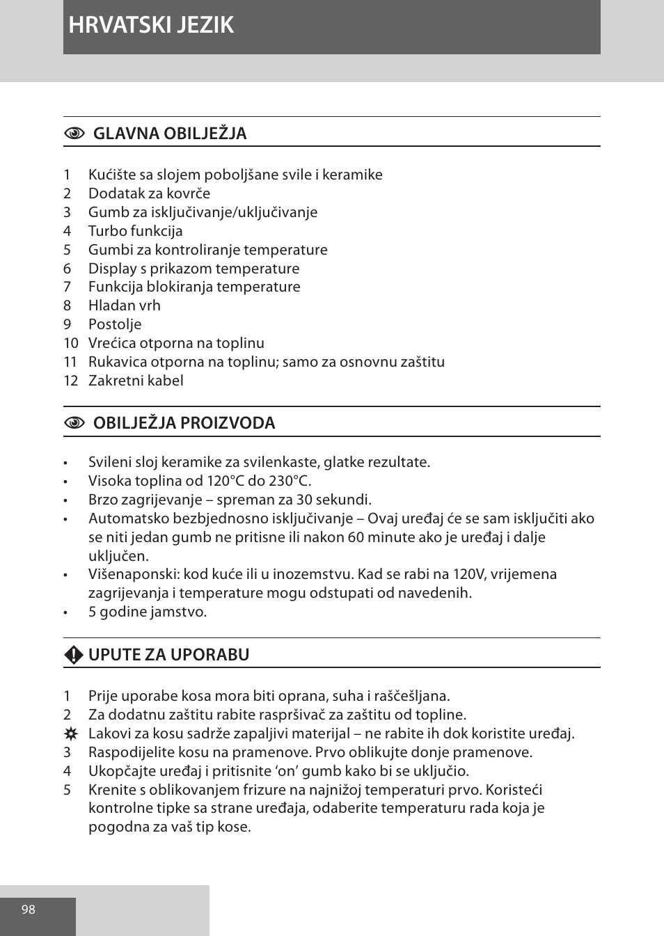 Hrvatski jezik | Remington CI96S1 User Manual | Page 98 / 108