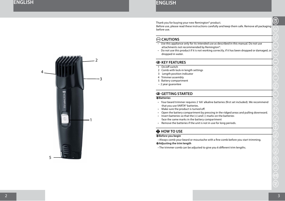 English | Remington MB4010 User Manual | Page 2 / 58