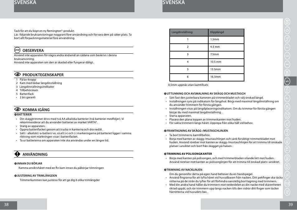 Svenska | Remington MB4010 User Manual | Page 20 / 58