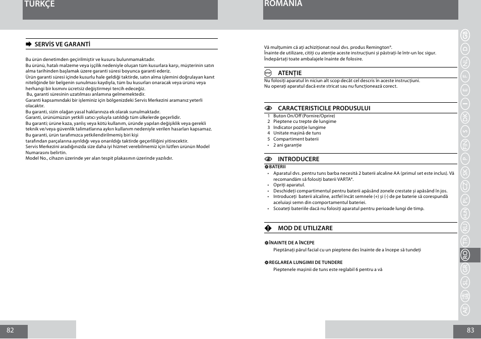 Türkçe, Romania | Remington MB4010 User Manual | Page 42 / 58