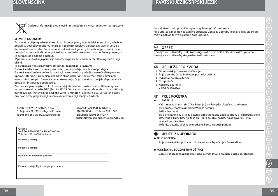 Slovenščina, Hrvatski jezik/srpski jezik | Remington MB4010 User Manual | Page 50 / 58