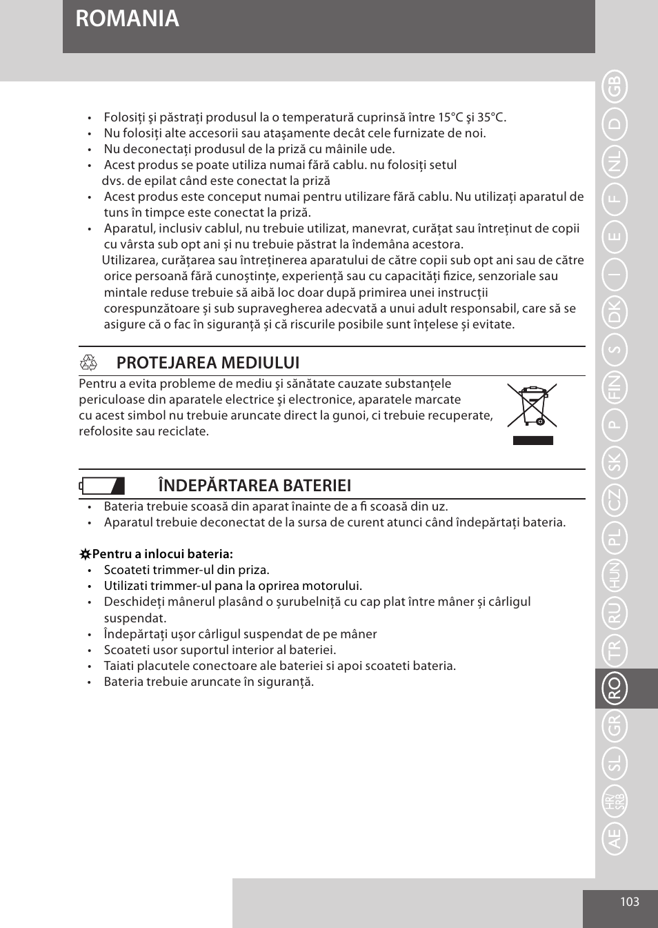 Romania, Hprotejarea mediului, Îndepărtarea bateriei | Remington WPG4030 User Manual | Page 103 / 134