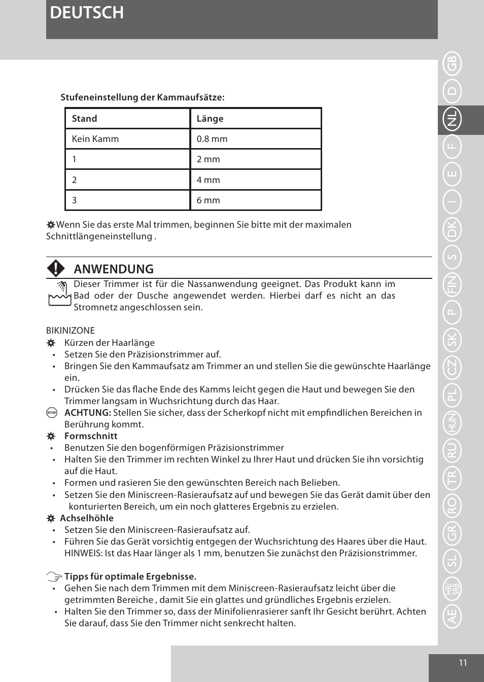Deutsch, Anwendung | Remington WPG4030 User Manual | Page 11 / 134