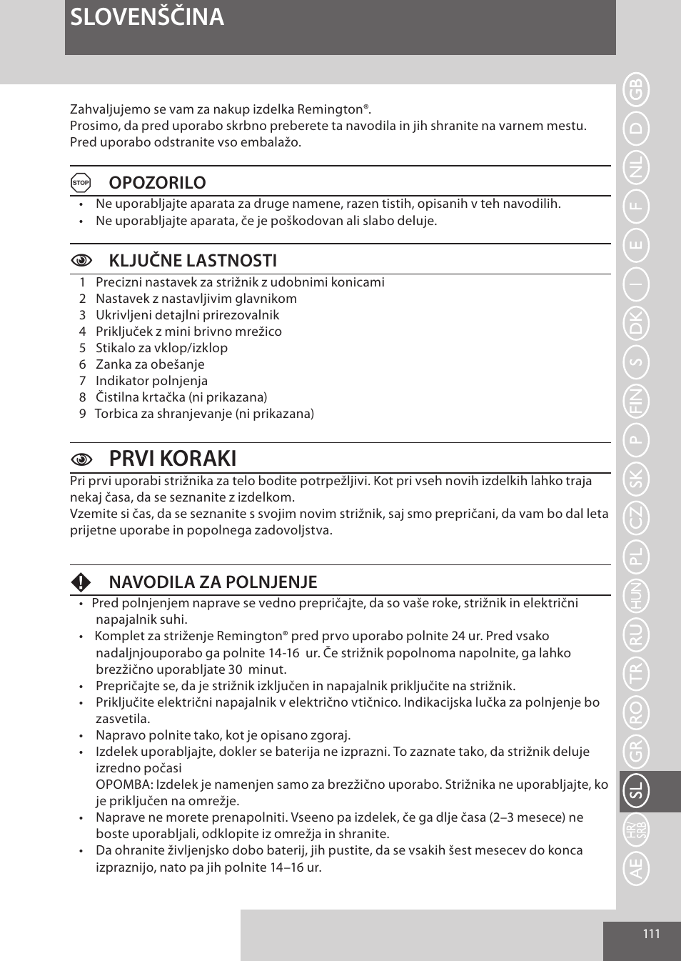 Slovenščina, Prvi koraki, Aopozorilo | Cključne lastnosti, Fnavodila za polnjenje | Remington WPG4030 User Manual | Page 111 / 134