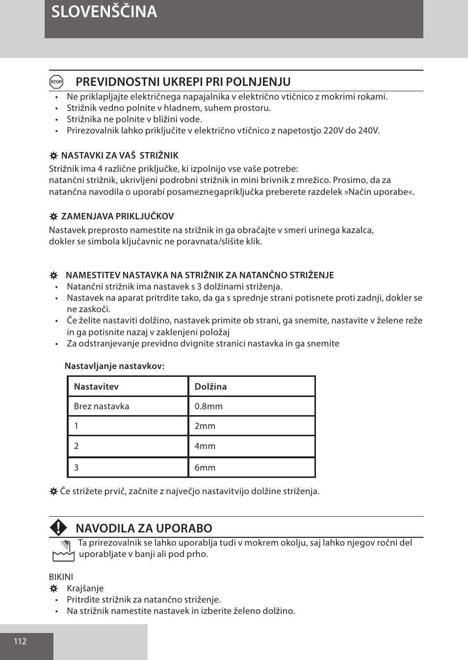 Slovenščina, Aprevidnostni ukrepi pri polnjenju, Navodila za uporabo | Remington WPG4030 User Manual | Page 112 / 134