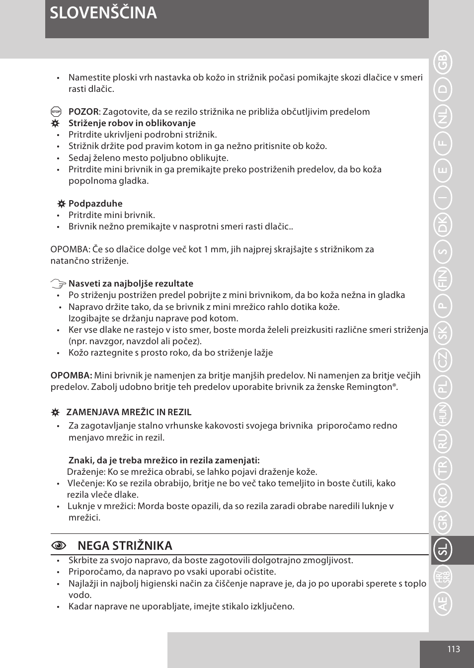 Slovenščina, Cnega strižnika | Remington WPG4030 User Manual | Page 113 / 134