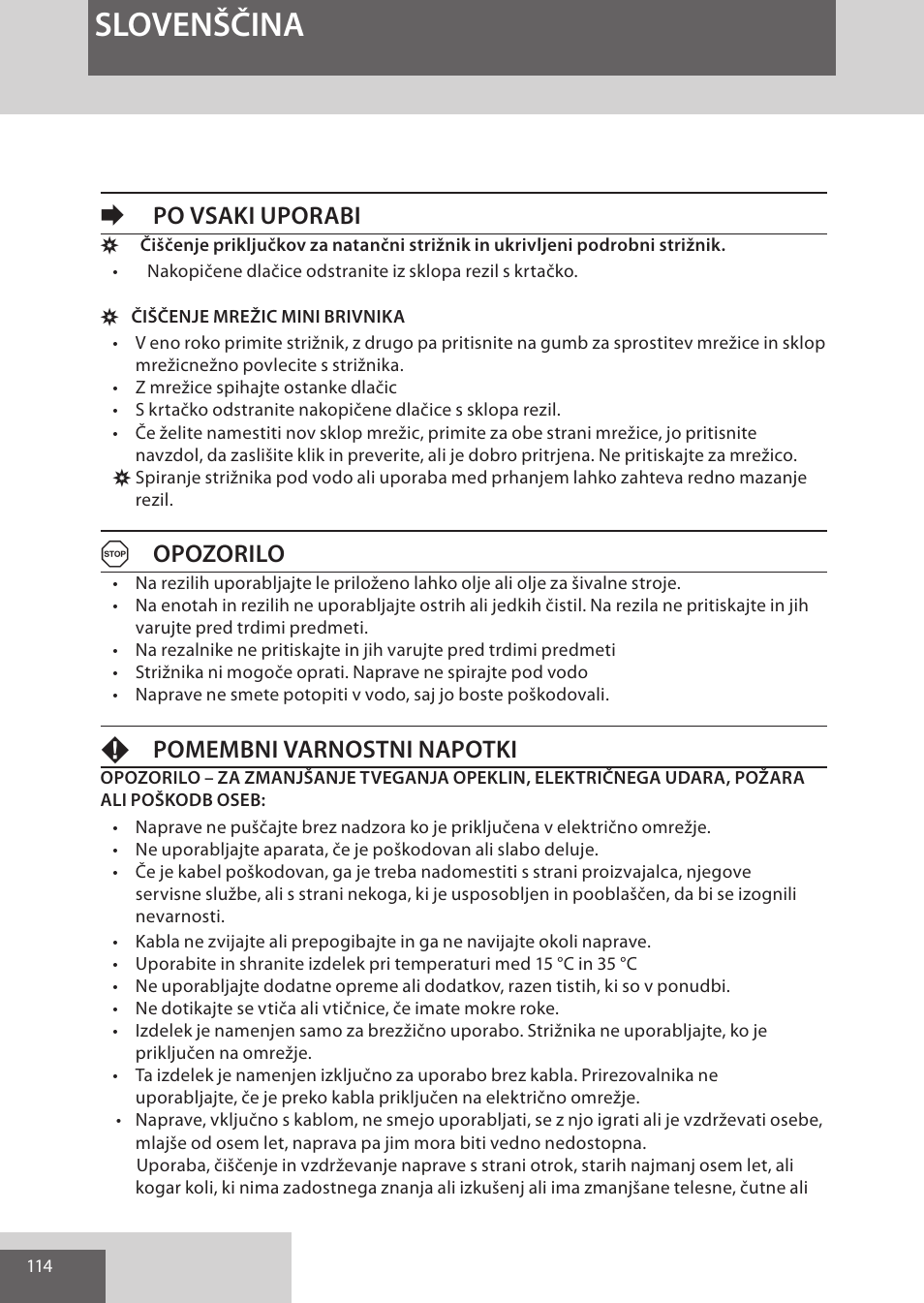 Slovenščina, Epo vsaki uporabi, Aopozorilo | Fpomembni varnostni napotki | Remington WPG4030 User Manual | Page 114 / 134