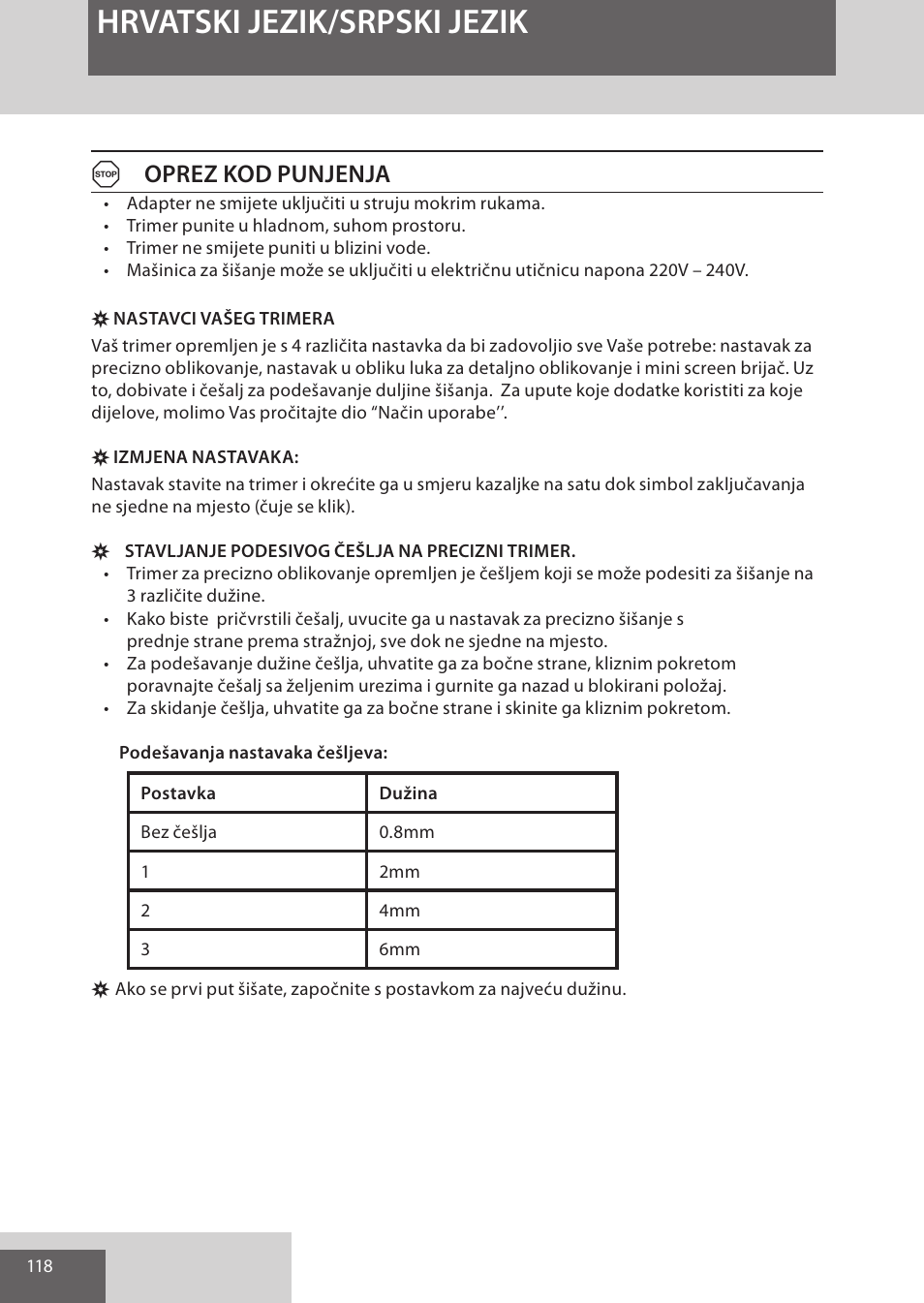 Hrvatski jezik/srpski jezik, Aoprez kod punjenja | Remington WPG4030 User Manual | Page 118 / 134