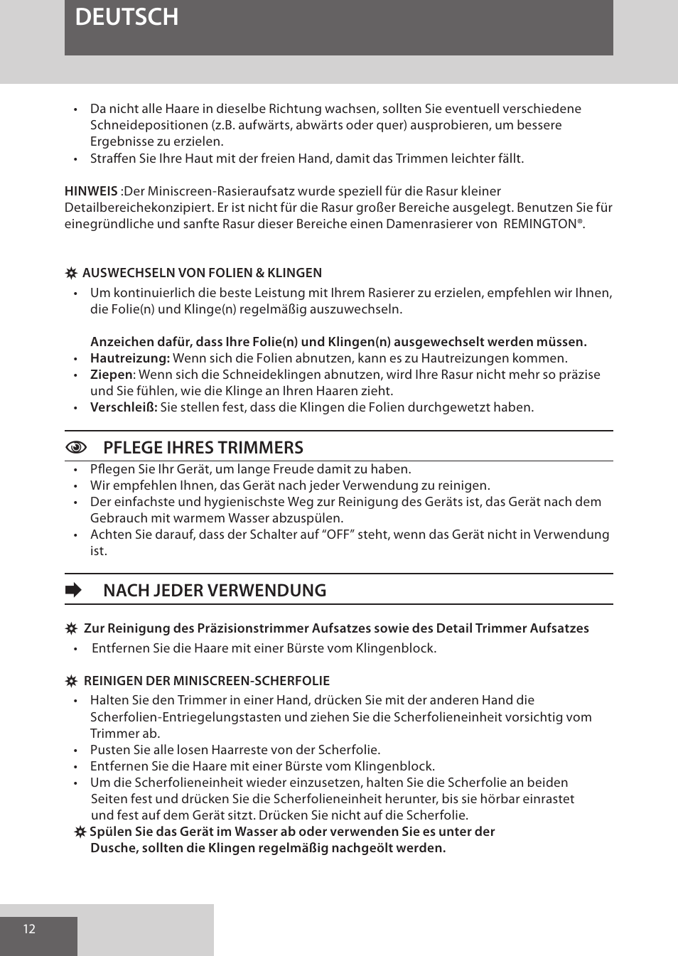 Deutsch, Cpflege ihres trimmers, Enach jeder verwendung | Remington WPG4030 User Manual | Page 12 / 134