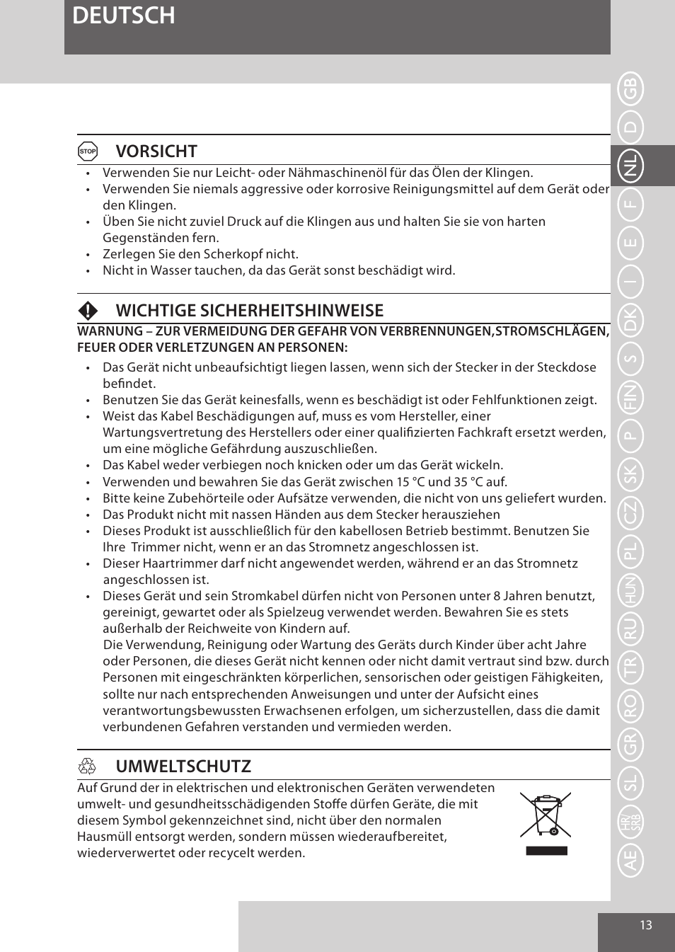 Deutsch, Avorsicht, Fwichtige sicherheitshinweise | Humweltschutz | Remington WPG4030 User Manual | Page 13 / 134