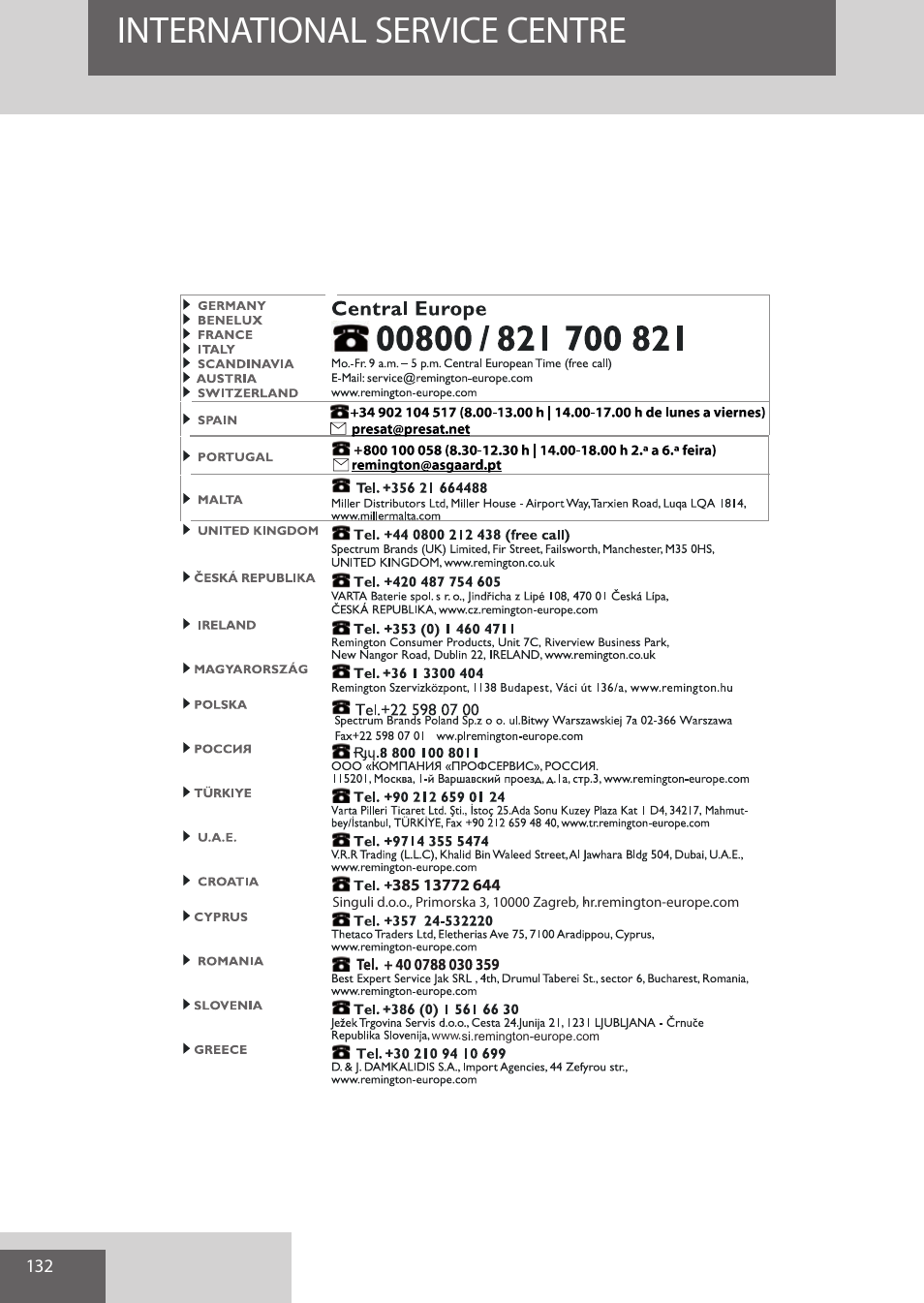 International service centre | Remington WPG4030 User Manual | Page 132 / 134