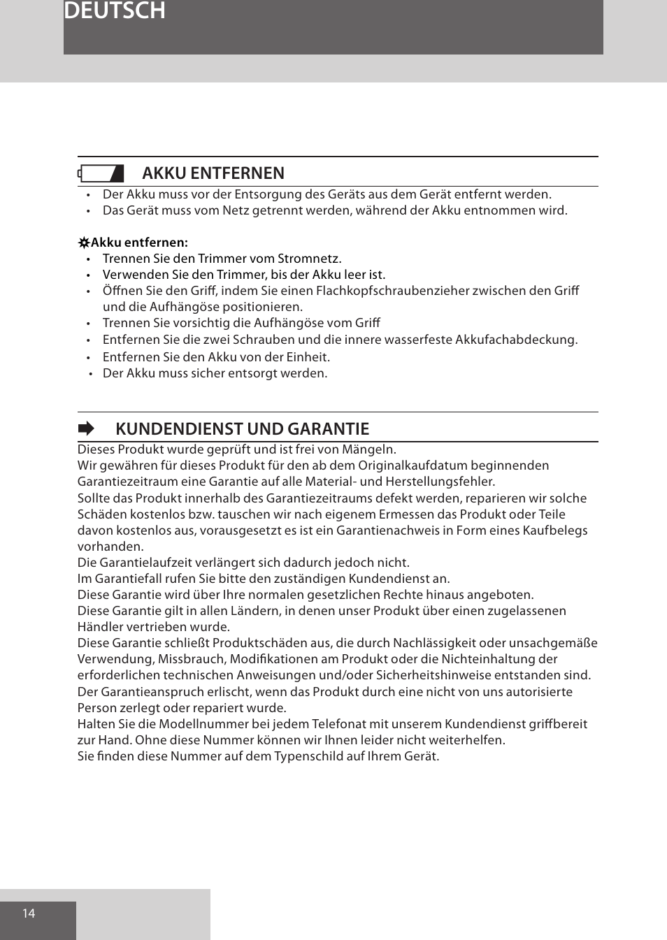 Deutsch, Akku entfernen, Ekundendienst und garantie | Remington WPG4030 User Manual | Page 14 / 134