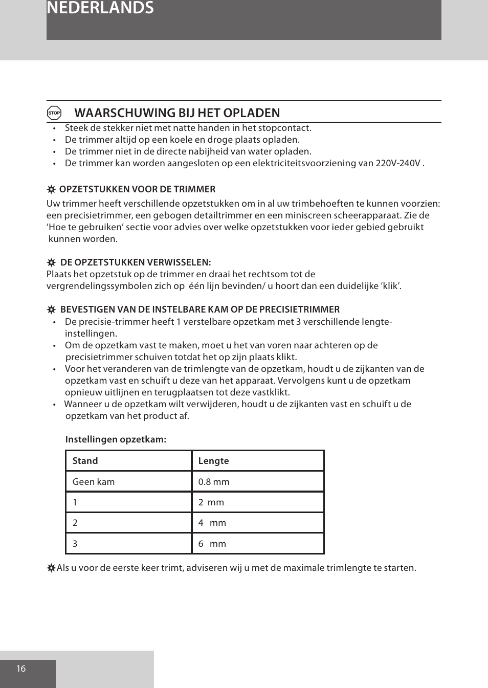 Nederlands, Awaarschuwing bij het opladen | Remington WPG4030 User Manual | Page 16 / 134