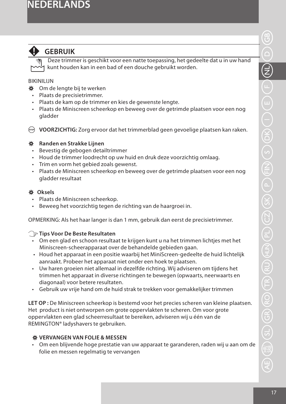 Nederlands, Gebruik | Remington WPG4030 User Manual | Page 17 / 134