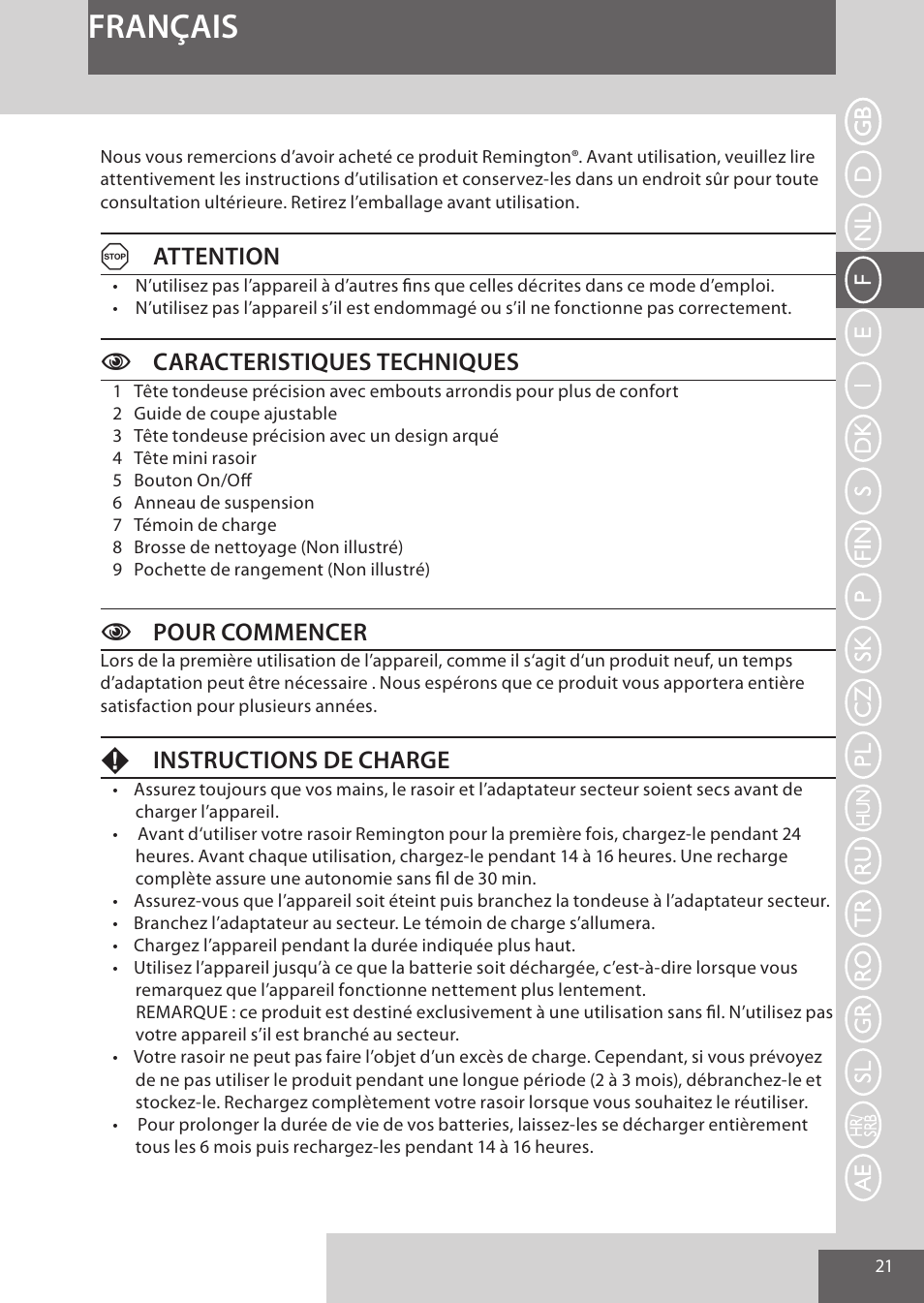 Français, Aattention, Ccaracteristiques techniques | Cpour commencer, Finstructions de charge | Remington WPG4030 User Manual | Page 21 / 134