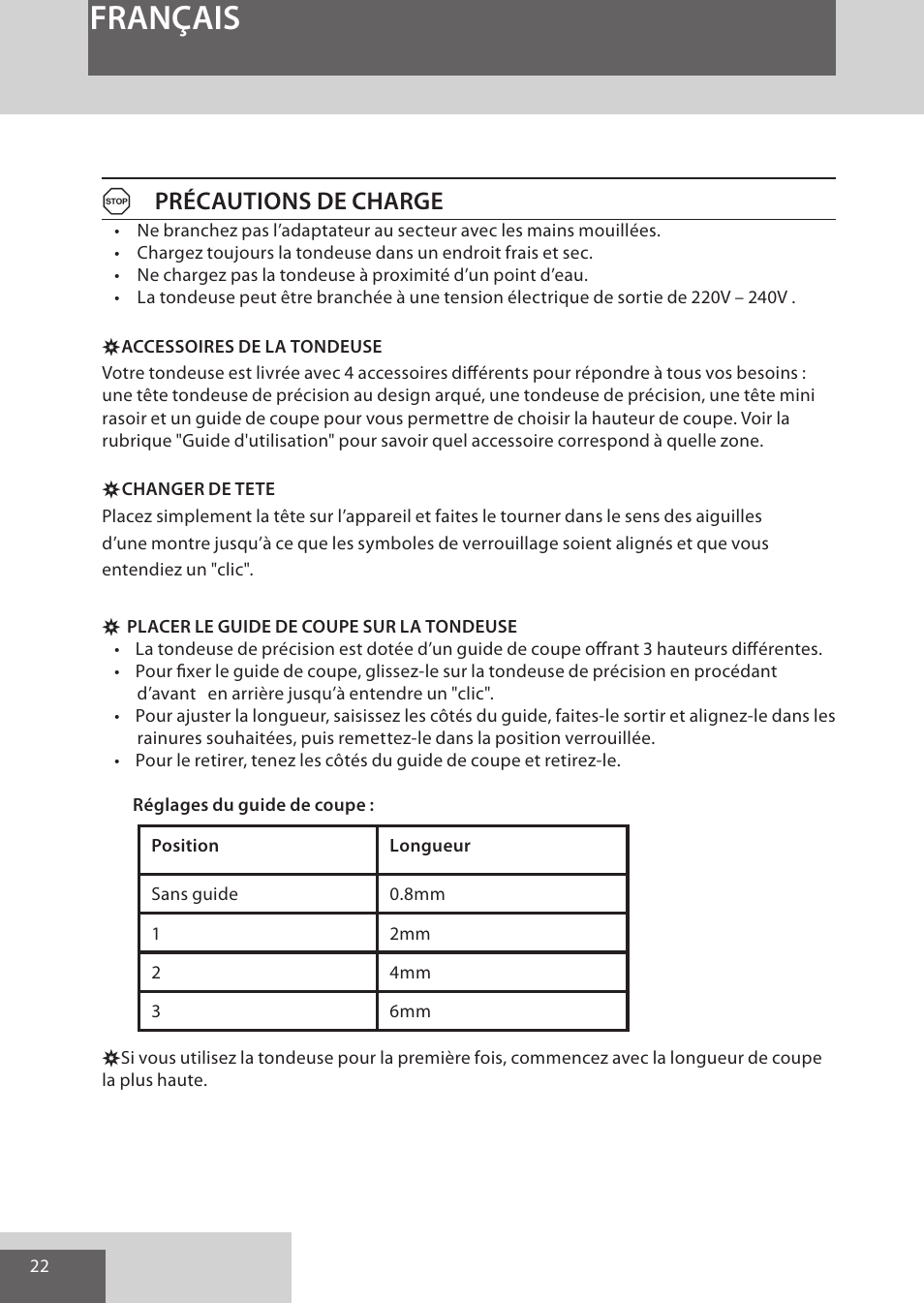 Français, Aprécautions de charge | Remington WPG4030 User Manual | Page 22 / 134