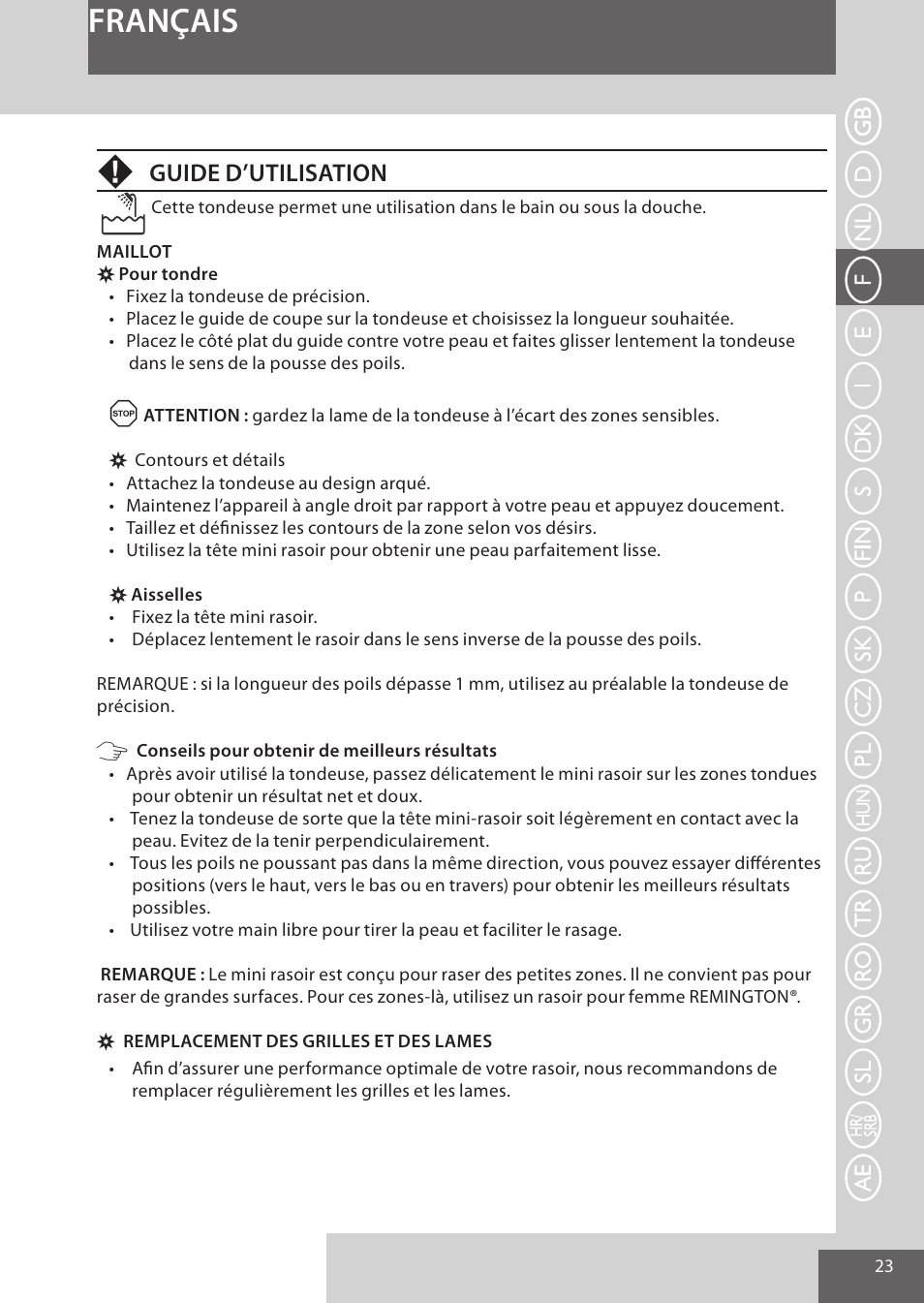 Français, Guide d’utilisation | Remington WPG4030 User Manual | Page 23 / 134