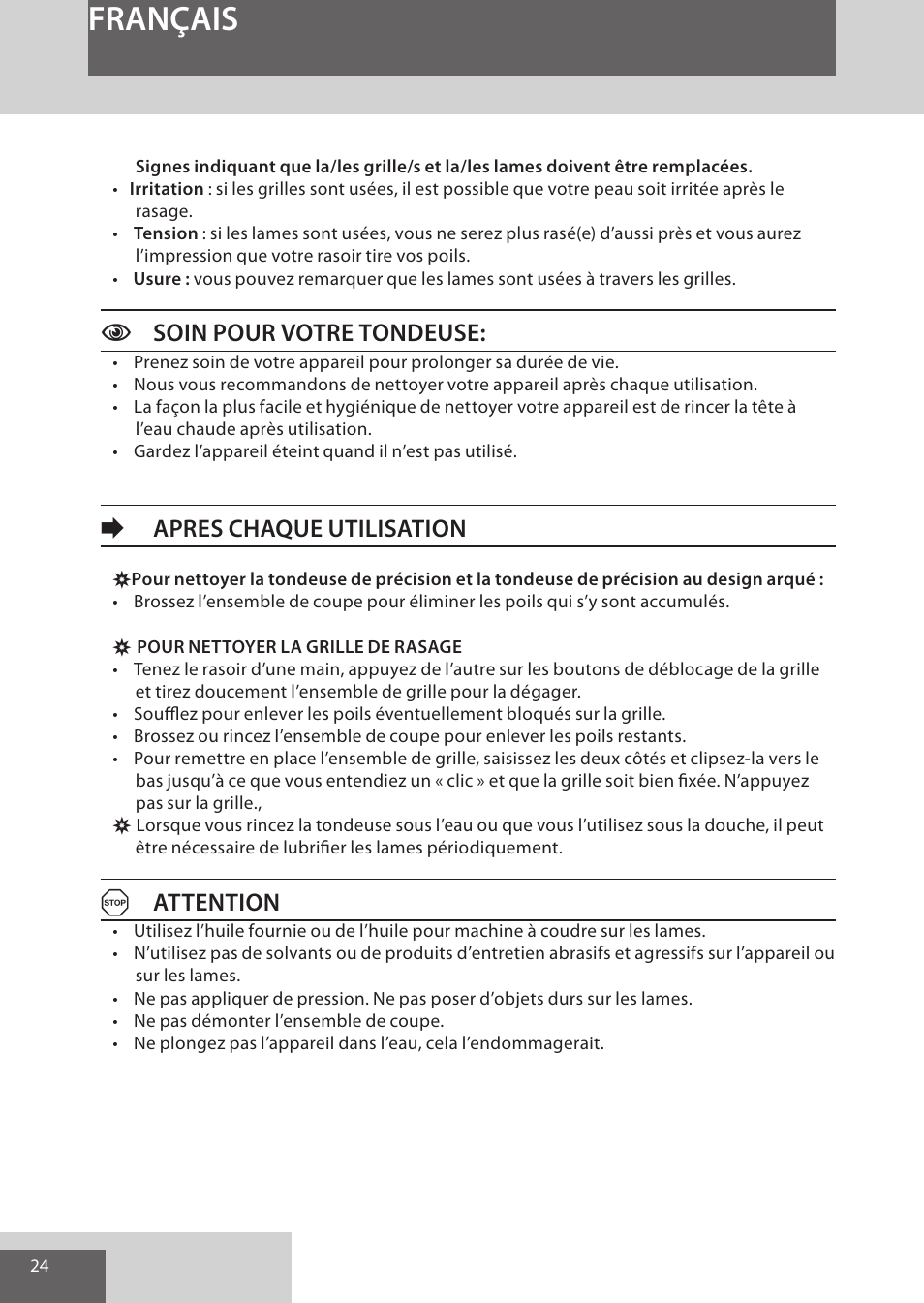 Français, Csoin pour votre tondeuse, Eapres chaque utilisation | Aattention | Remington WPG4030 User Manual | Page 24 / 134