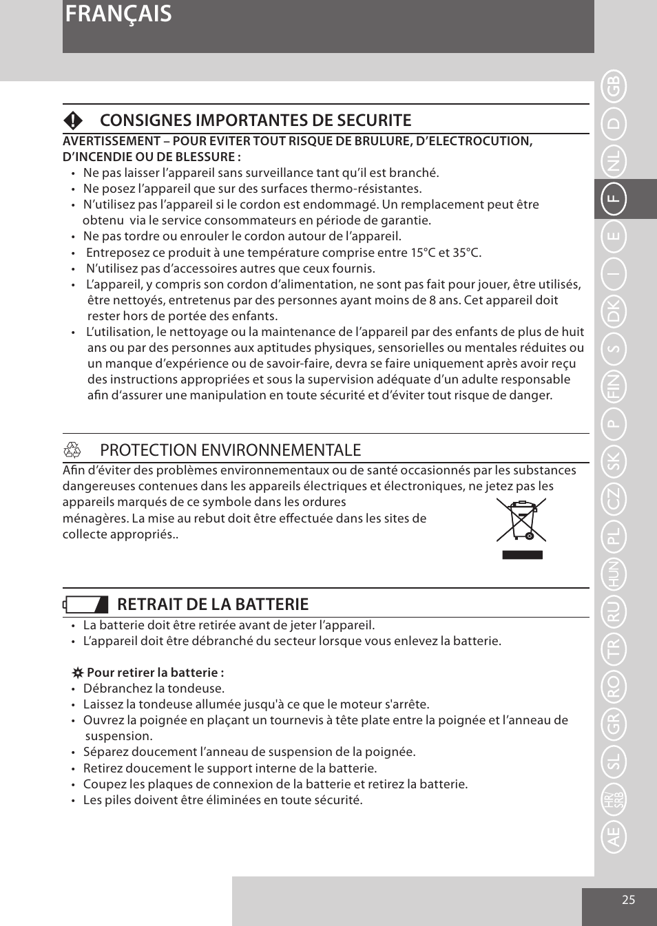 Français, Fconsignes importantes de securite, Hprotection environnementale | Retrait de la batterie | Remington WPG4030 User Manual | Page 25 / 134