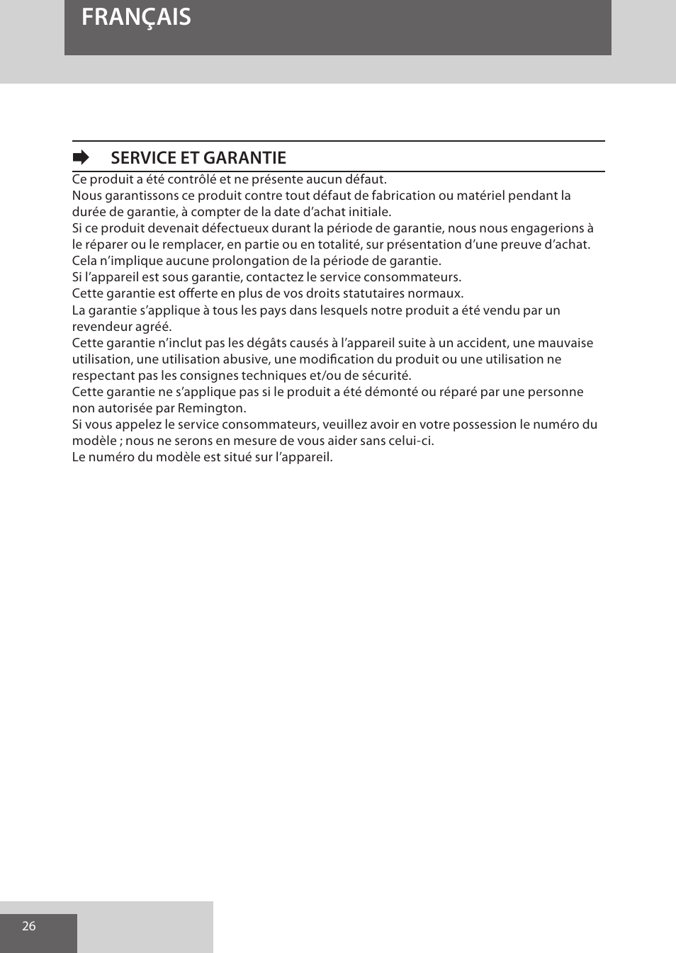 Français, Eservice et garantie | Remington WPG4030 User Manual | Page 26 / 134