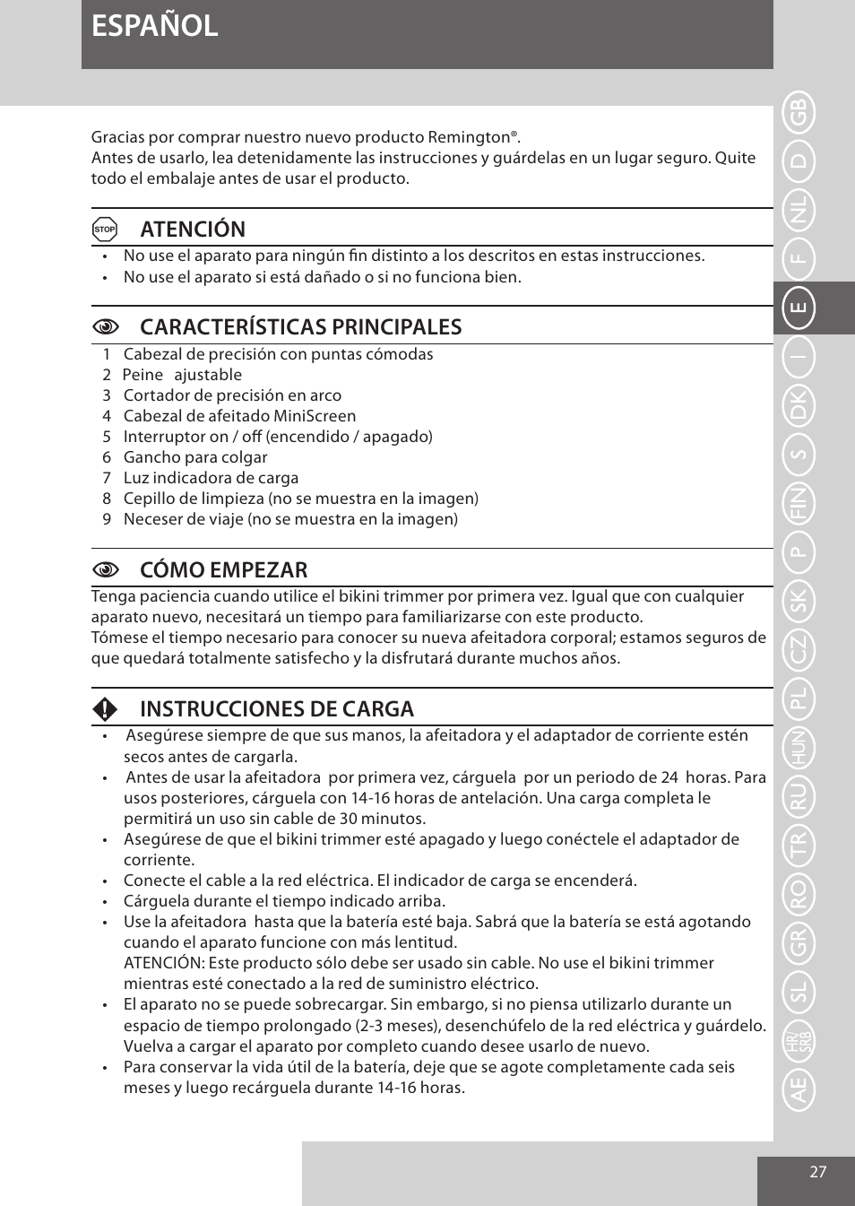 Español, Aatención, Ccaracterísticas principales | Ccómo empezar, Instrucciones de carga | Remington WPG4030 User Manual | Page 27 / 134