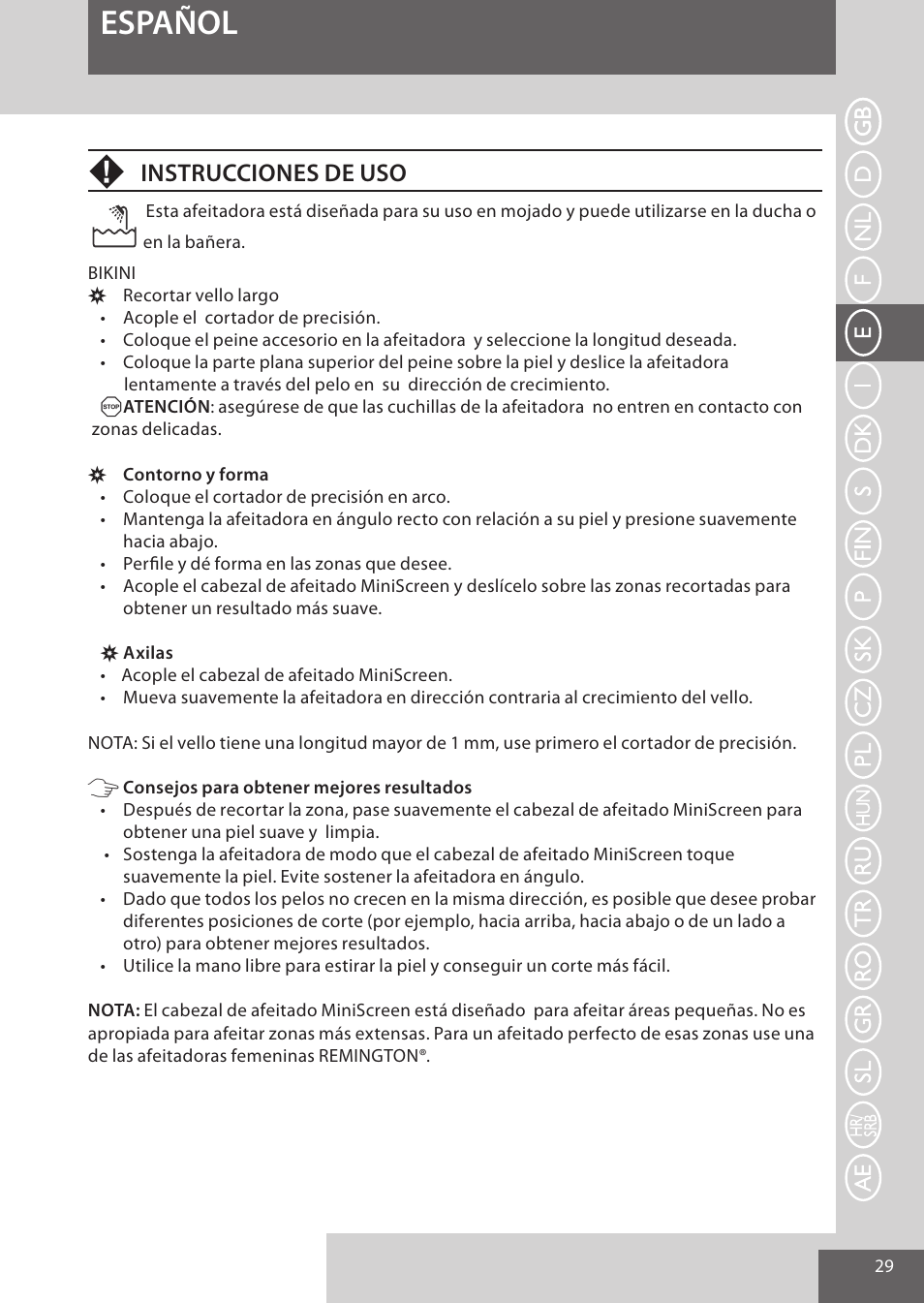 Español, Instrucciones de uso | Remington WPG4030 User Manual | Page 29 / 134