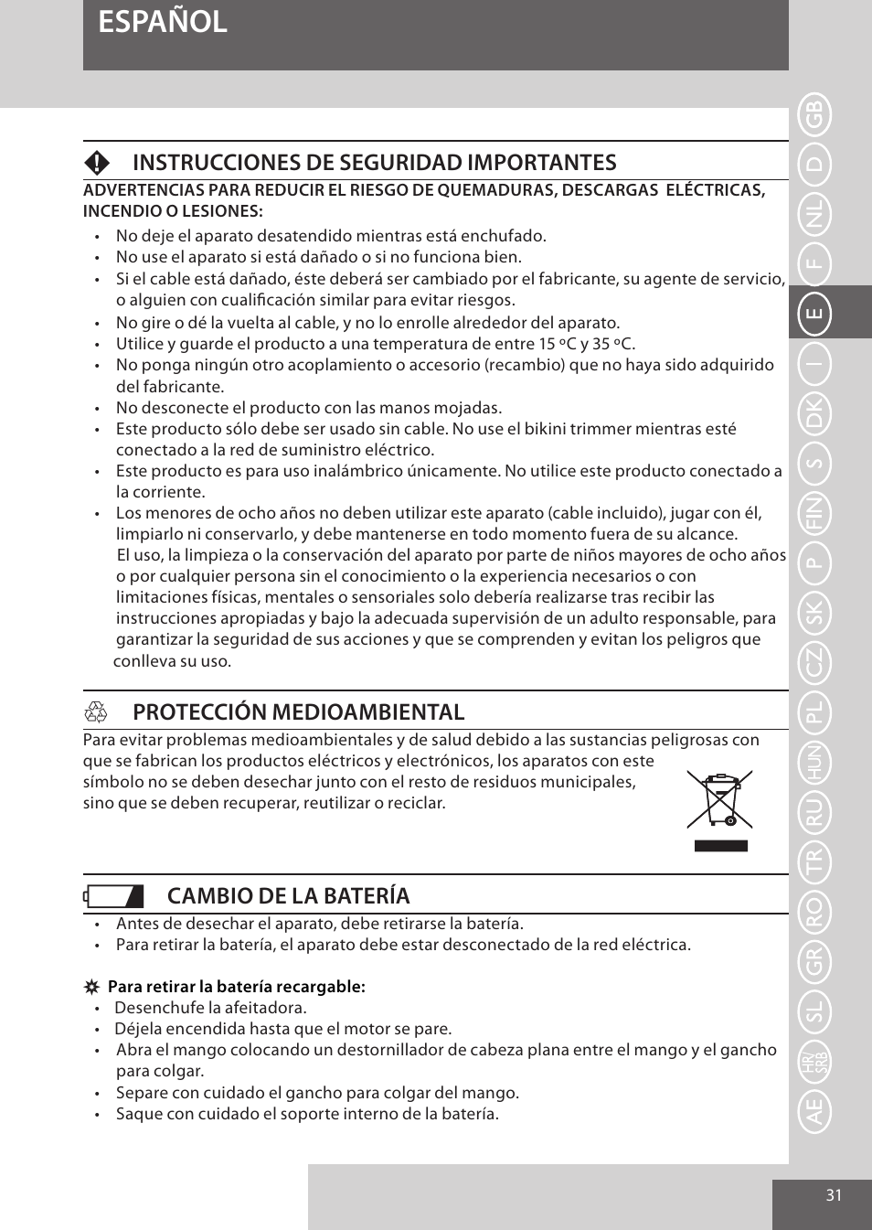 Español, Finstrucciones de seguridad importantes, Hprotección medioambiental | Cambio de la batería | Remington WPG4030 User Manual | Page 31 / 134