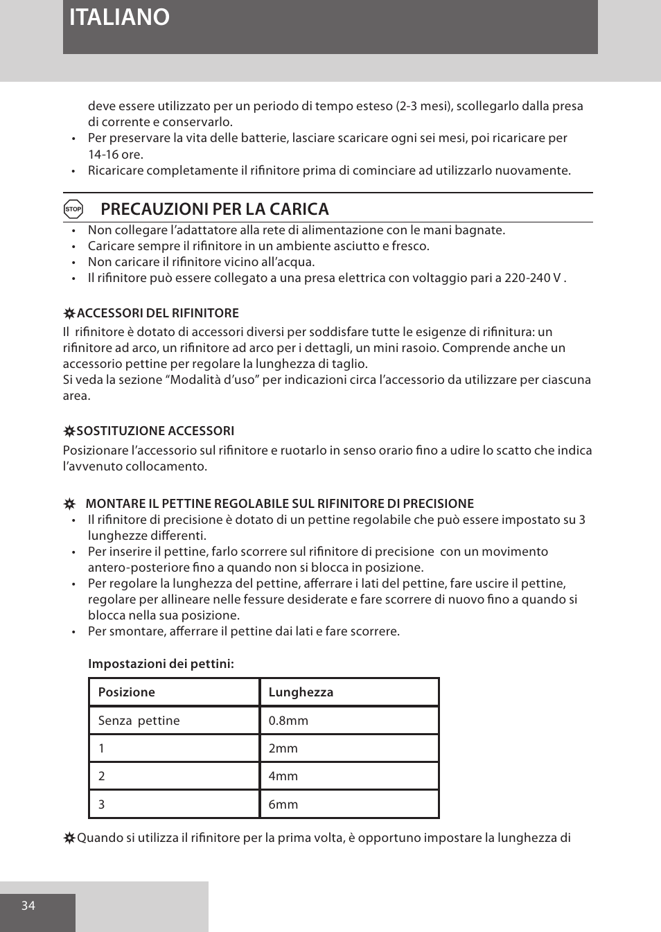 Italiano, Aprecauzioni per la carica | Remington WPG4030 User Manual | Page 34 / 134