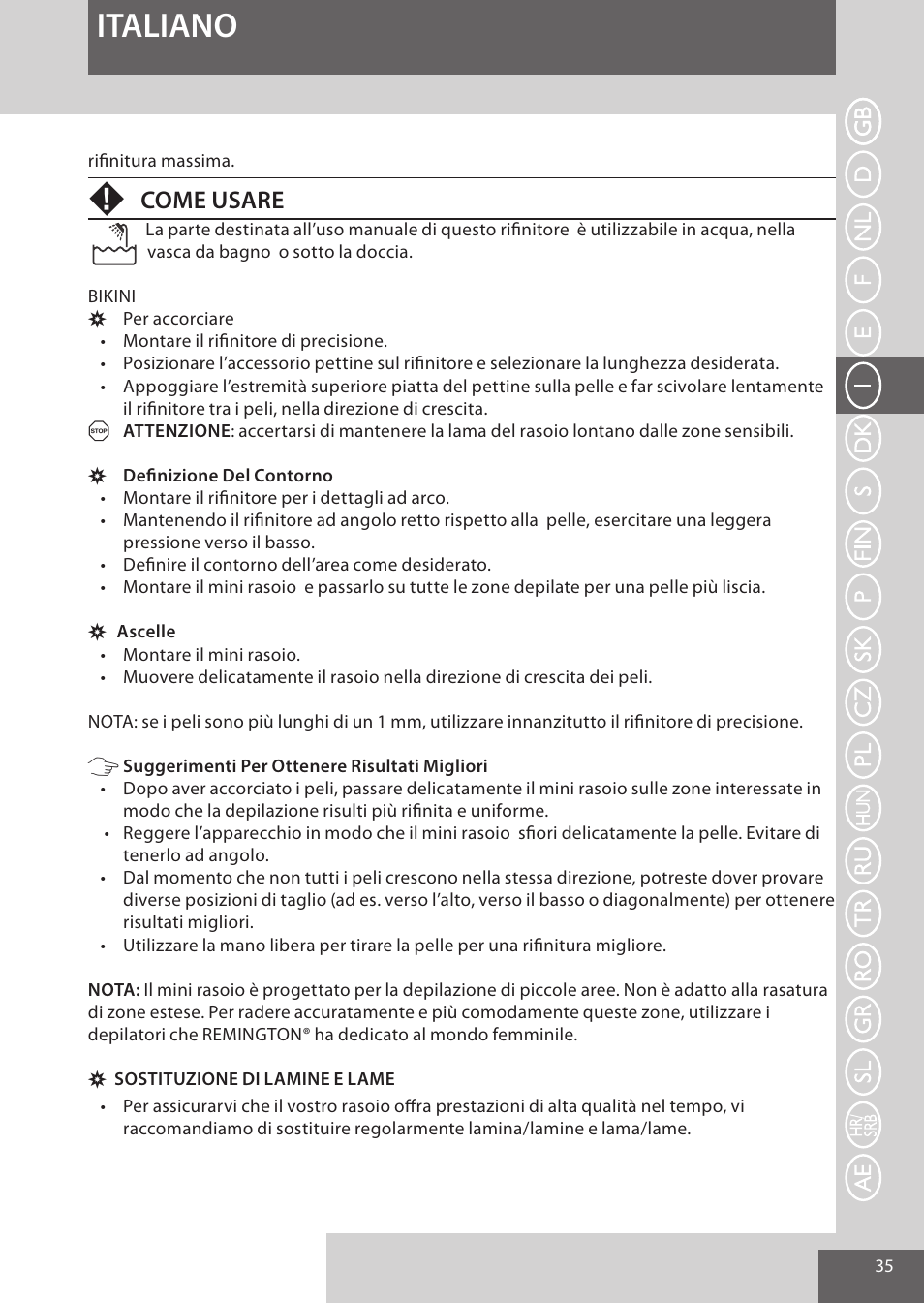 Italiano, Come usare | Remington WPG4030 User Manual | Page 35 / 134