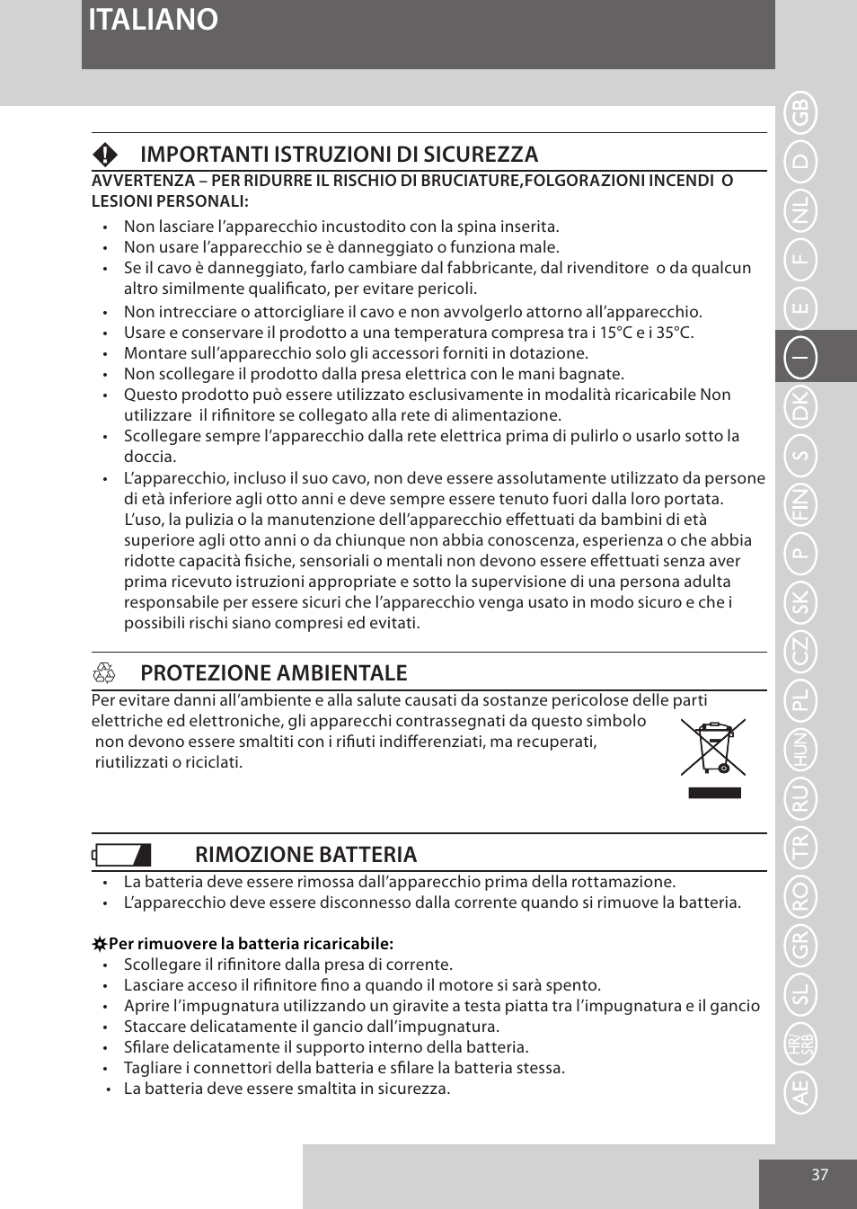 Italiano, Fimportanti istruzioni di sicurezza, Hprotezione ambientale | Rimozione batteria | Remington WPG4030 User Manual | Page 37 / 134