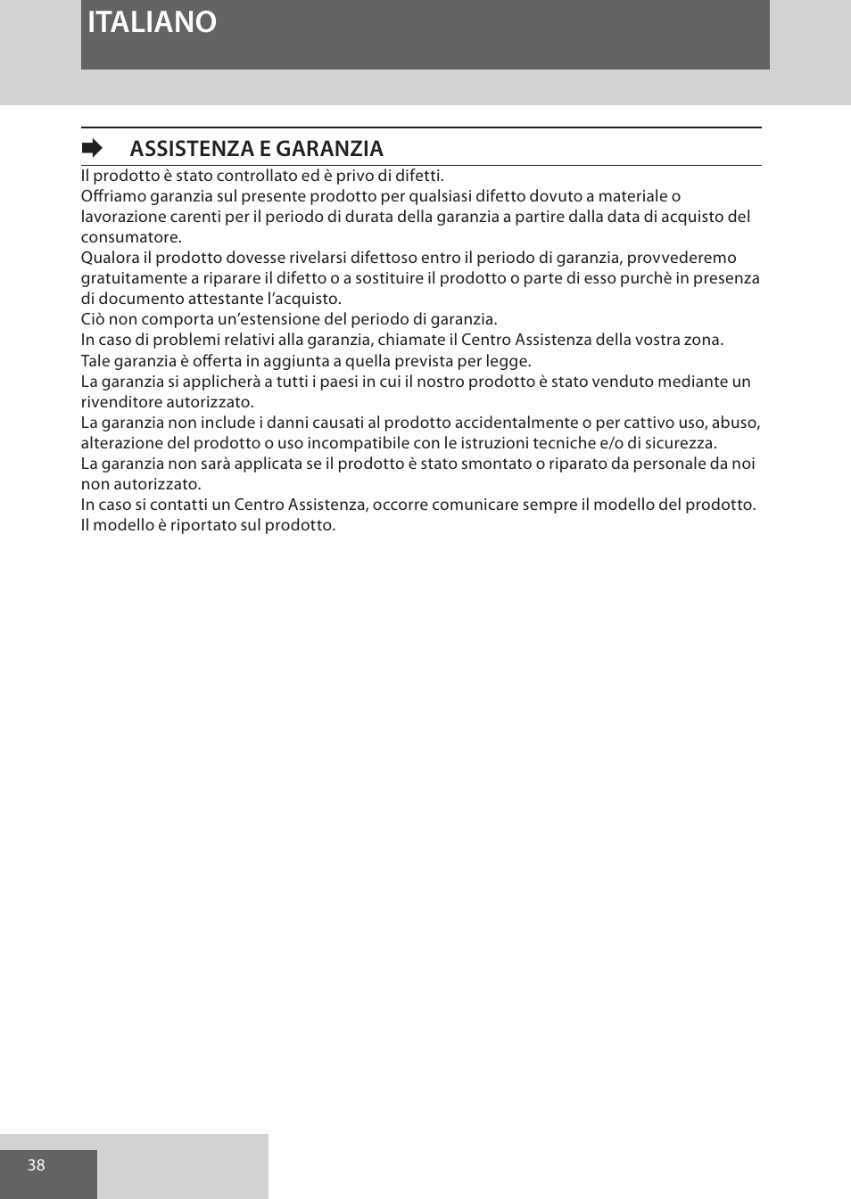 Italiano, Eassistenza e garanzia | Remington WPG4030 User Manual | Page 38 / 134