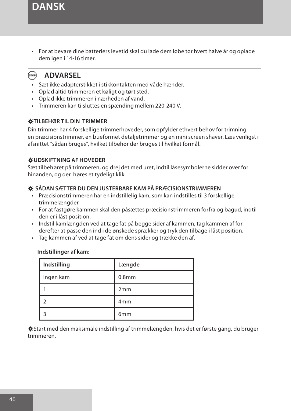 Dansk, Aadvarsel | Remington WPG4030 User Manual | Page 40 / 134