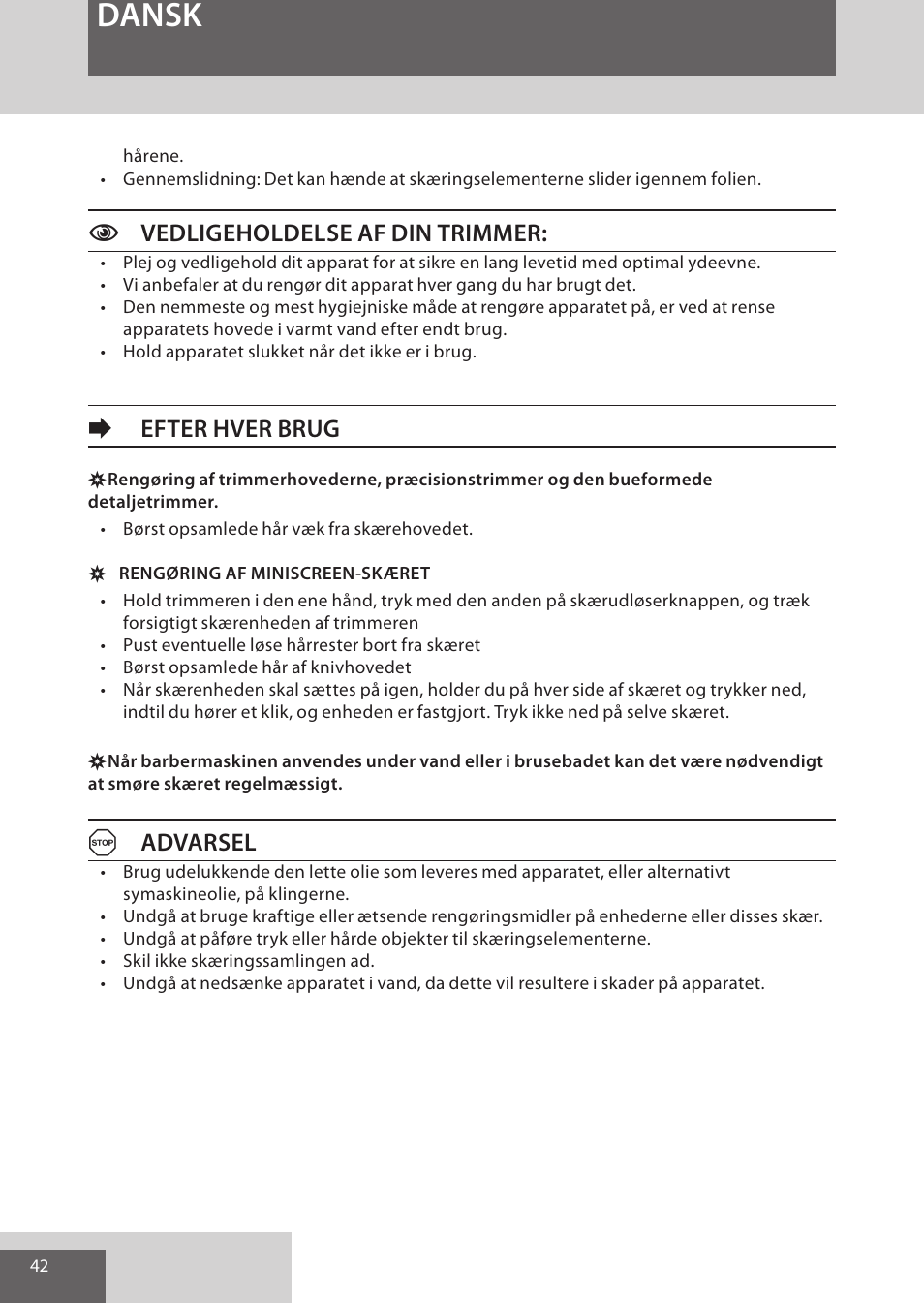 Dansk, Cvedligeholdelse af din trimmer, Eefter hver brug | Aadvarsel | Remington WPG4030 User Manual | Page 42 / 134