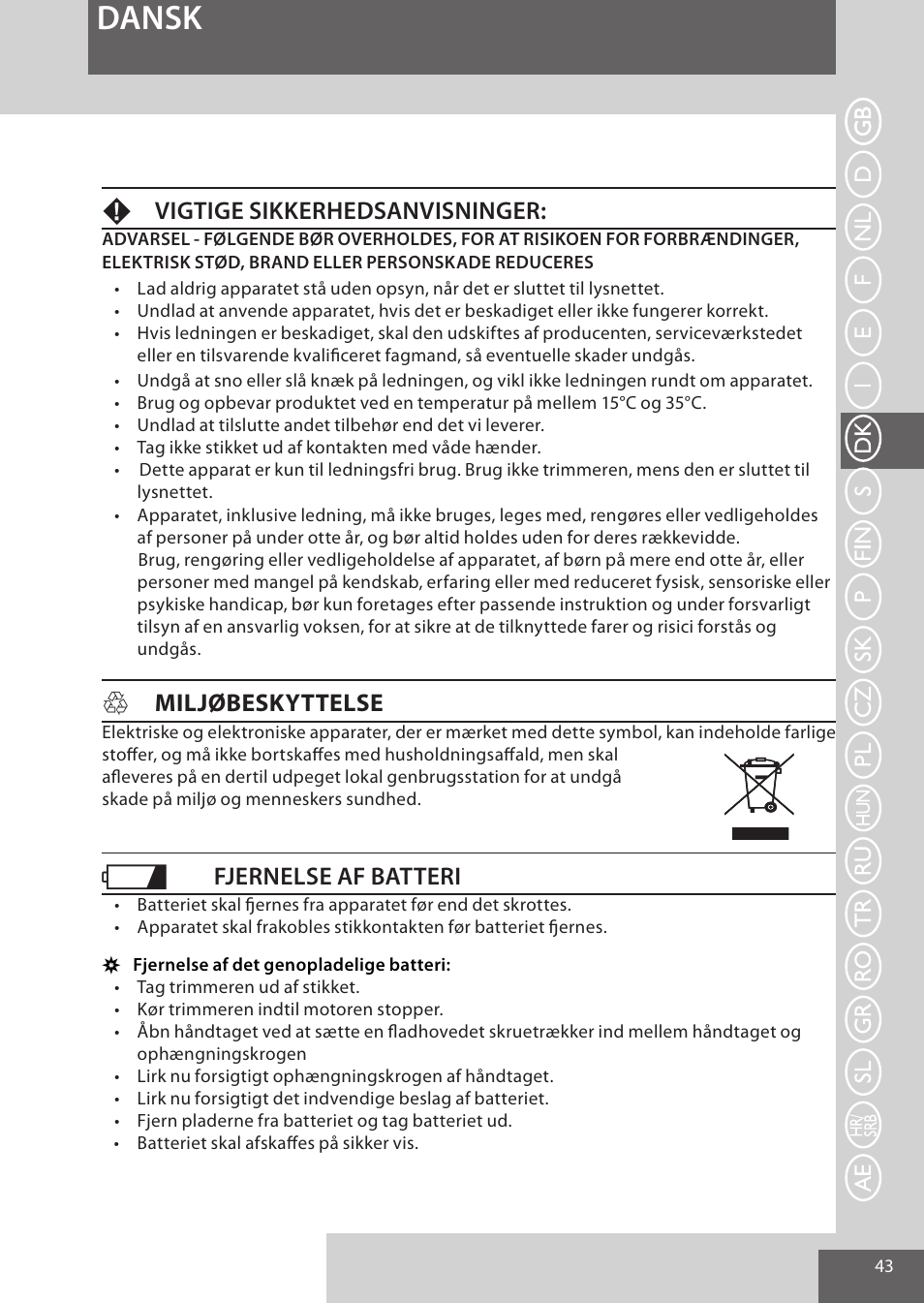 Dansk, Fvigtige sikkerhedsanvisninger, Hmiljøbeskyttelse | Fjernelse af batteri | Remington WPG4030 User Manual | Page 43 / 134