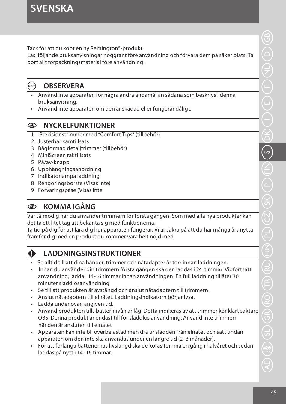 Svenska, Aobservera, Cnyckelfunktioner | Ckomma igång, Fladdningsinstruktioner | Remington WPG4030 User Manual | Page 45 / 134