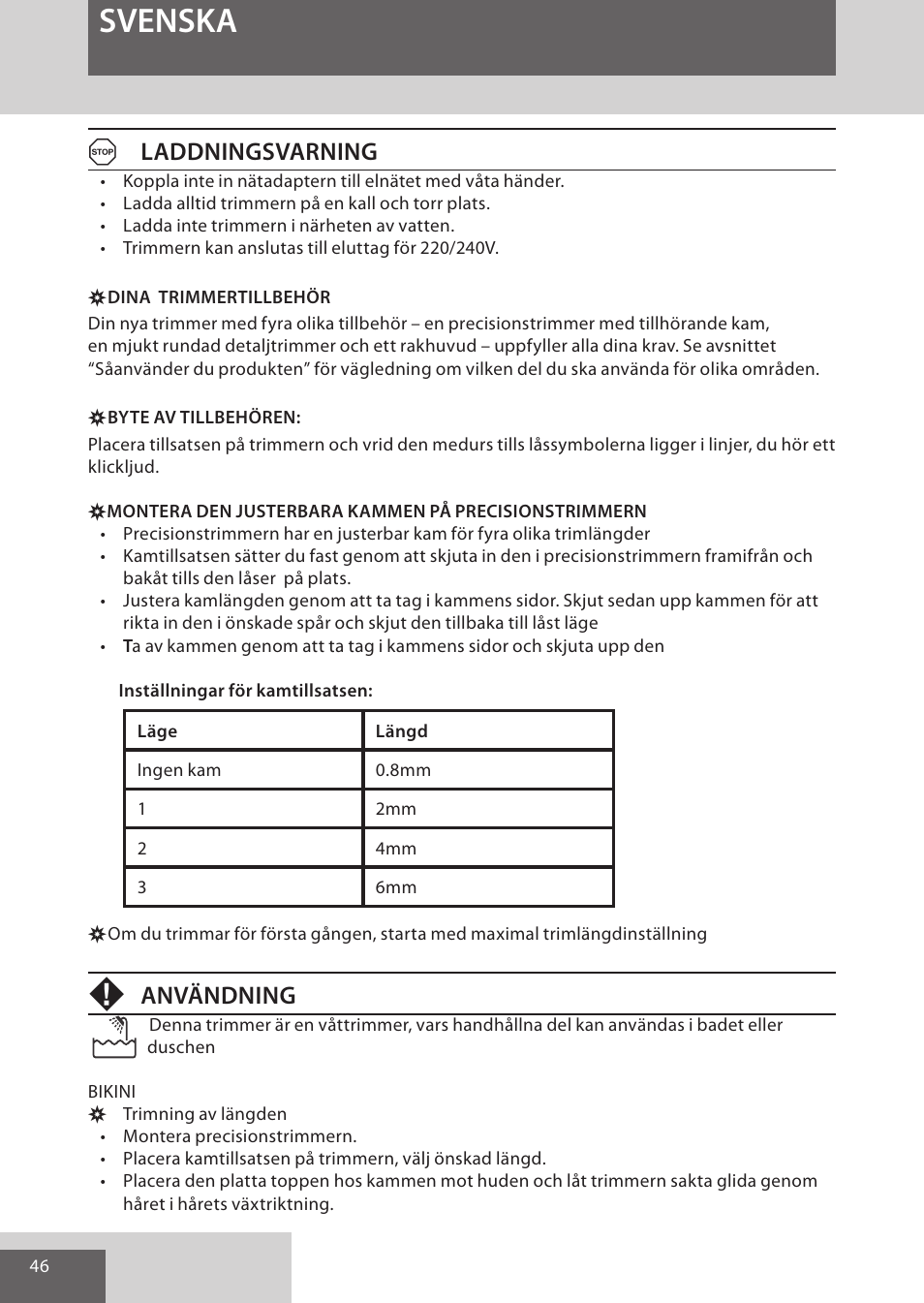 Svenska, Aladdningsvarning, Användning | Remington WPG4030 User Manual | Page 46 / 134