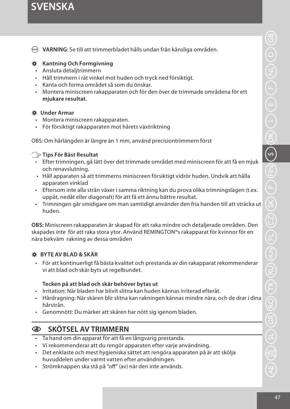Svenska, Cskötsel av trimmern | Remington WPG4030 User Manual | Page 47 / 134